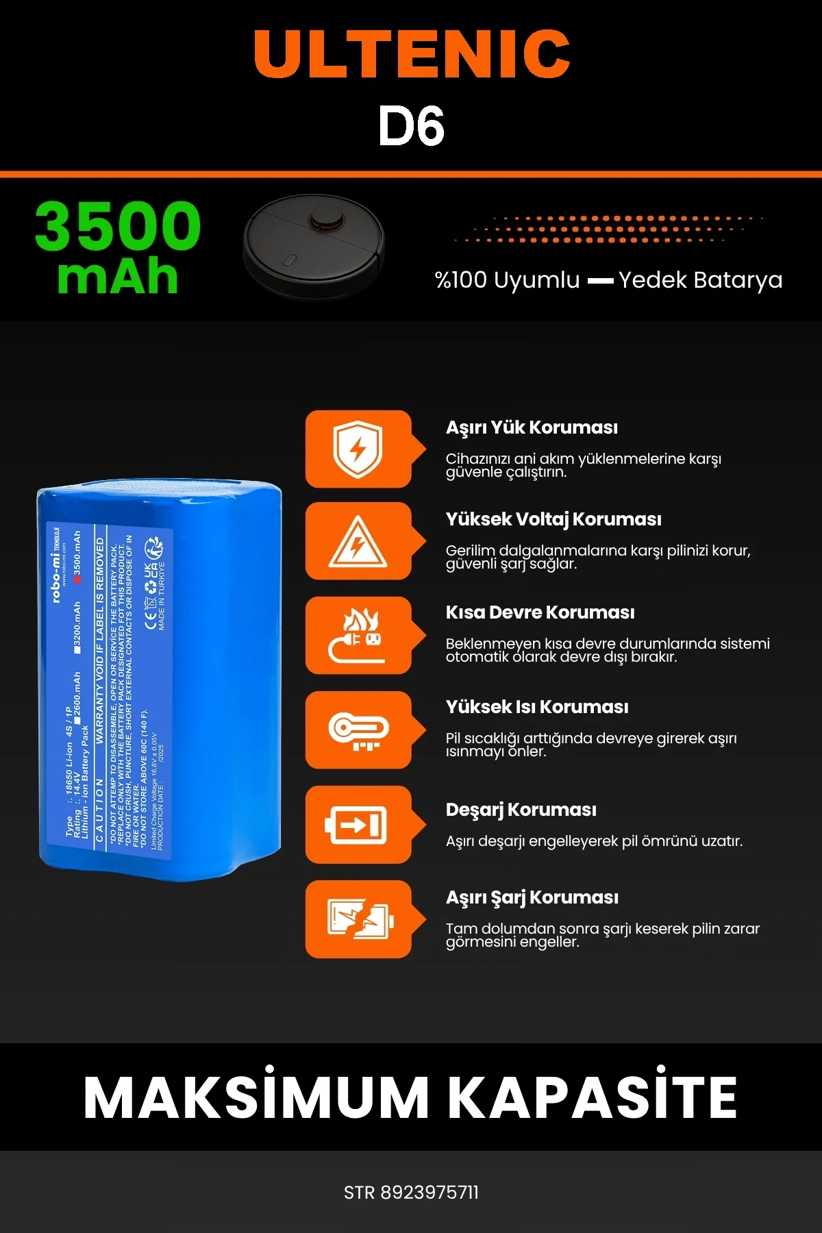 Ultenic D6 3500mAh Robot Süpürge Bataryası - Gerçek Kapasite, Maksimum Güvenlik