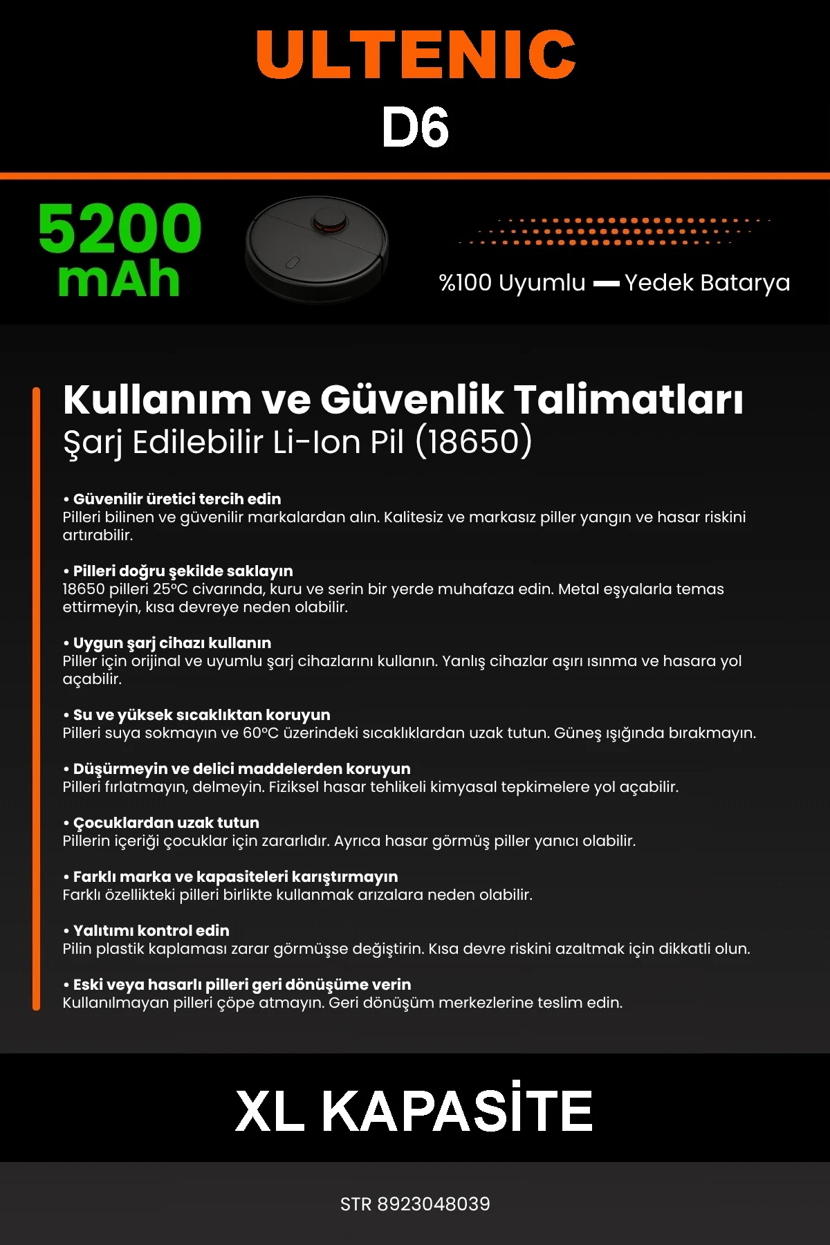 Ultenic D6 5200mAh Robot Süpürge Bataryası - Gerçek Kapasite, Maksimum Güvenlik