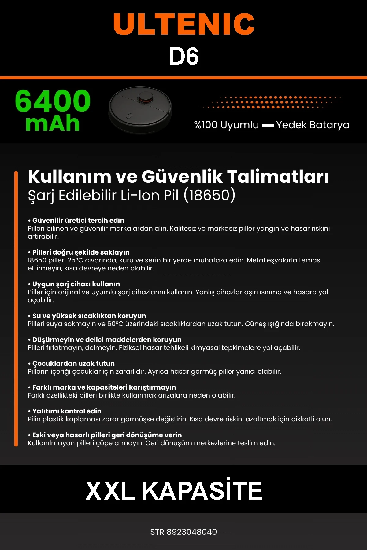 Ultenic D6 6400mAh Robot Süpürge Bataryası - Gerçek Kapasite, Maksimum Güvenlik