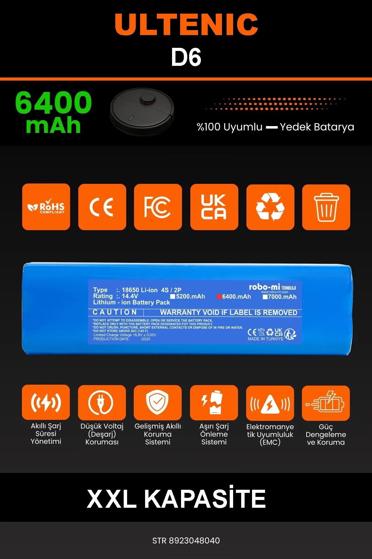 Ultenic D6 6400mAh Robot Süpürge Bataryası - Gerçek Kapasite, Maksimum Güvenlik