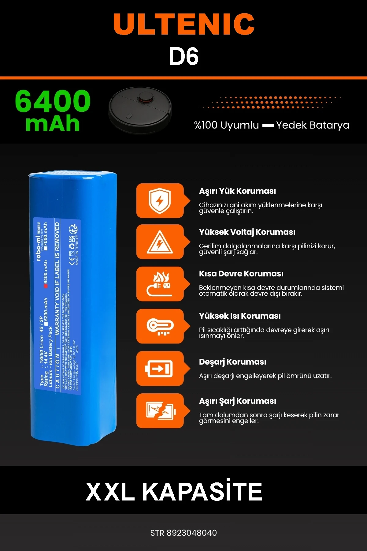 Ultenic D6 6400mAh Robot Süpürge Bataryası - Gerçek Kapasite, Maksimum Güvenlik