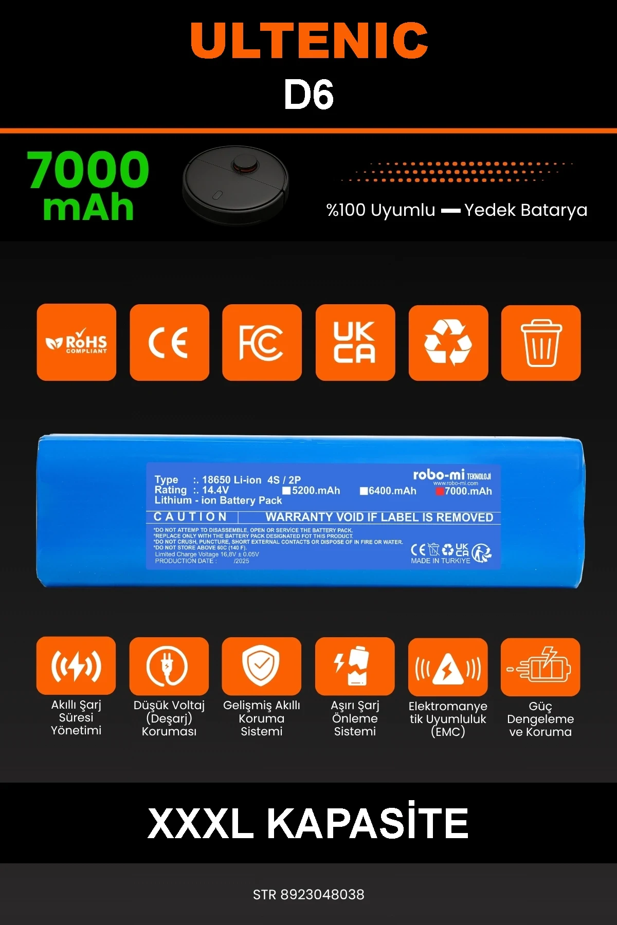 Ultenic D6 7000mAh Robot Süpürge Bataryası - Gerçek Kapasite, Maksimum Güvenlik