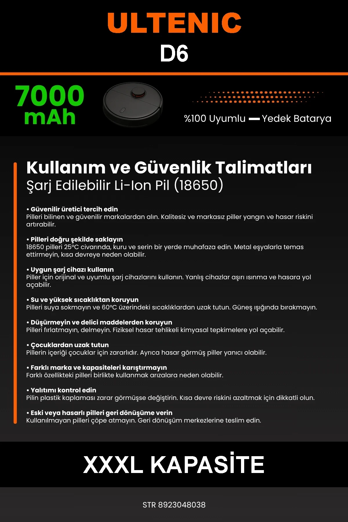 Ultenic D6 7000mAh Robot Süpürge Bataryası - Gerçek Kapasite, Maksimum Güvenlik
