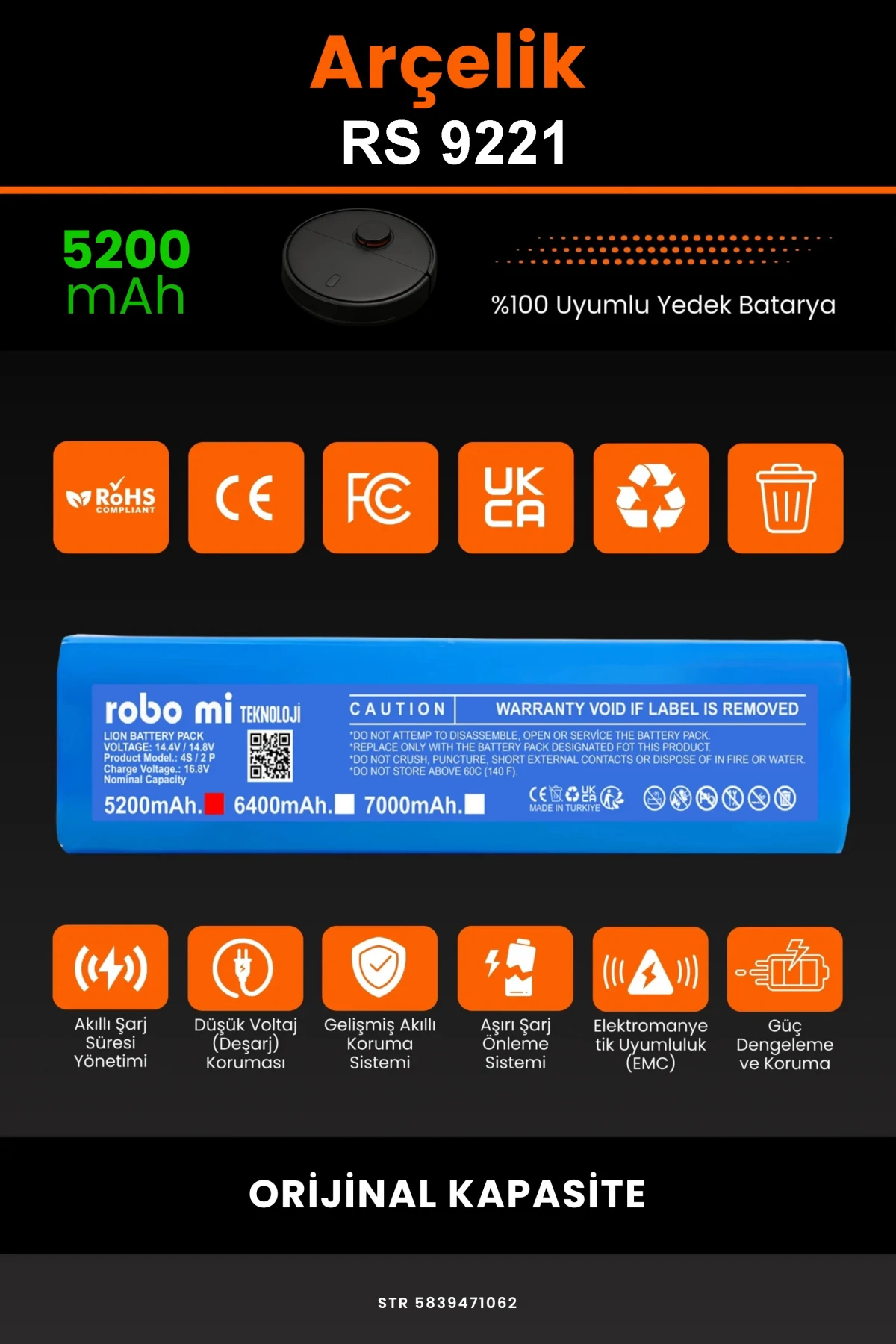 Arçelik Rs 9221 5200mAh Robot Süpürge Bataryası - Gerçek Kapasite, Maksimum Güvenlik