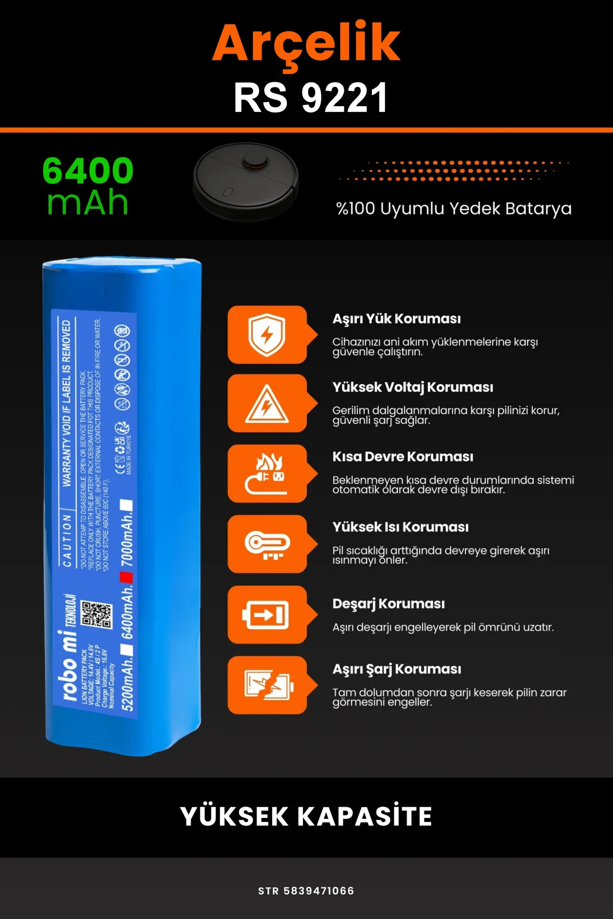 Arçelik Rs 9221 6400mAh Robot Süpürge Bataryası - Gerçek Kapasite, Maksimum Güvenlik