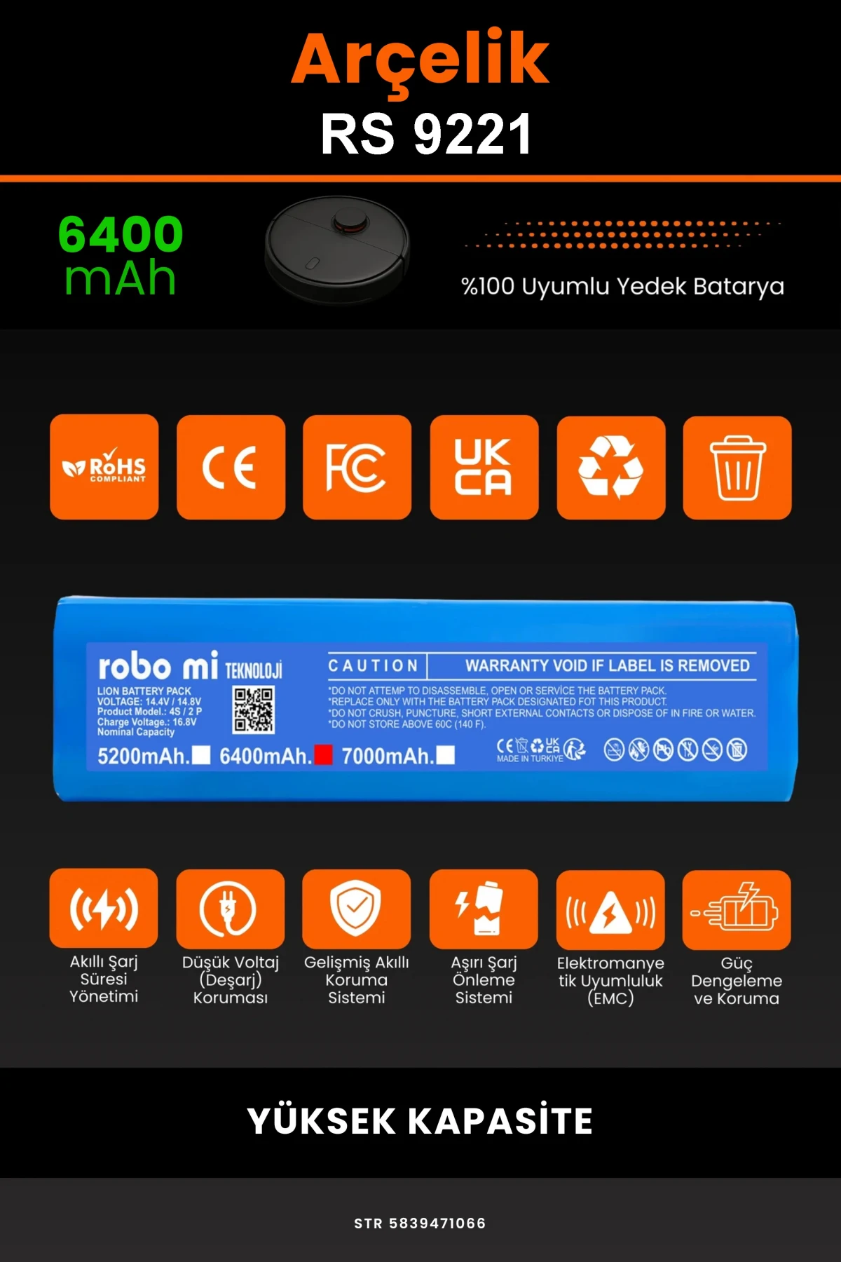 Arçelik Rs 9221 6400mAh Robot Süpürge Bataryası - Gerçek Kapasite, Maksimum Güvenlik