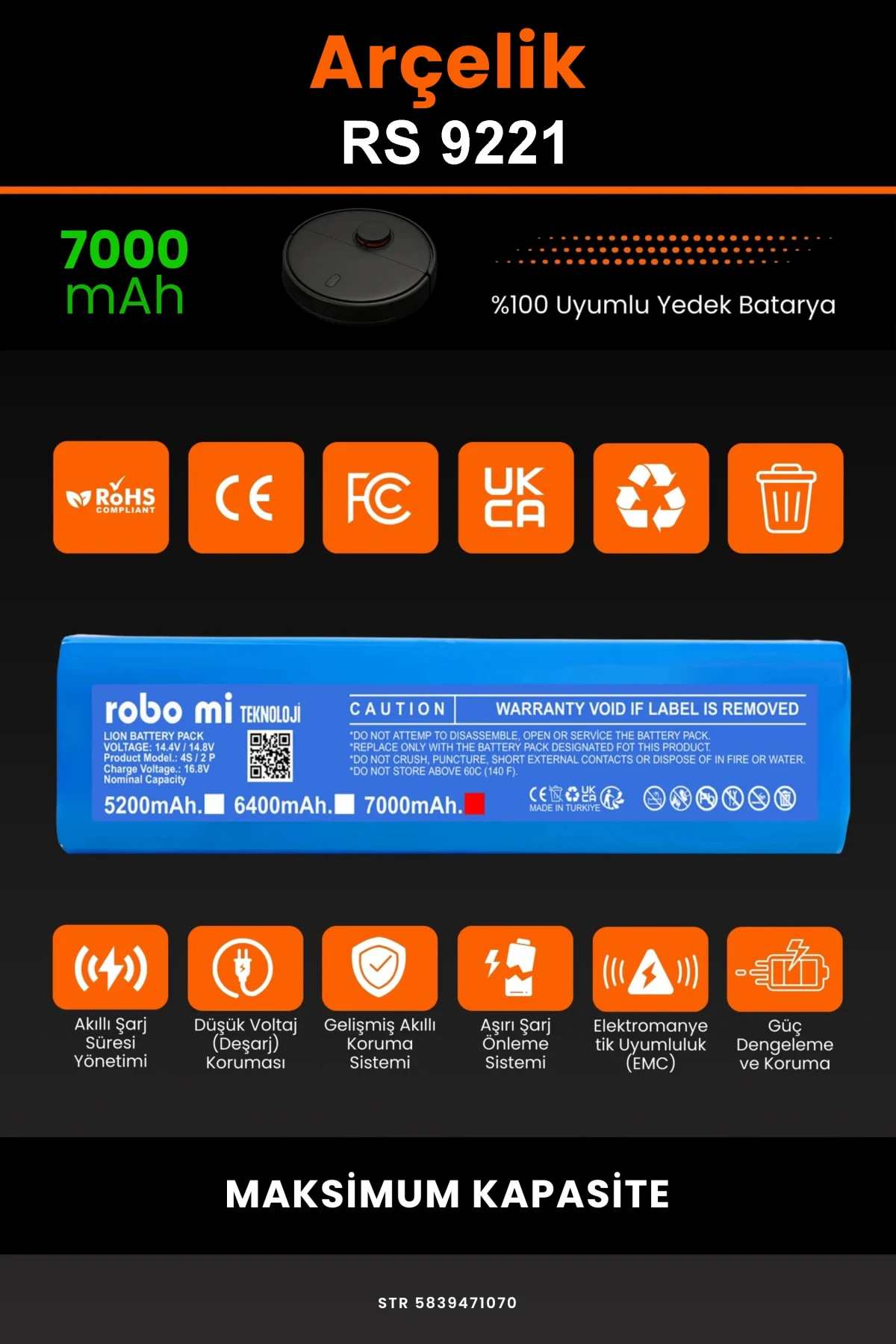 Arçelik Rs 9221 7000mAh Robot Süpürge Bataryası - Gerçek Kapasite, Maksimum Güvenlik