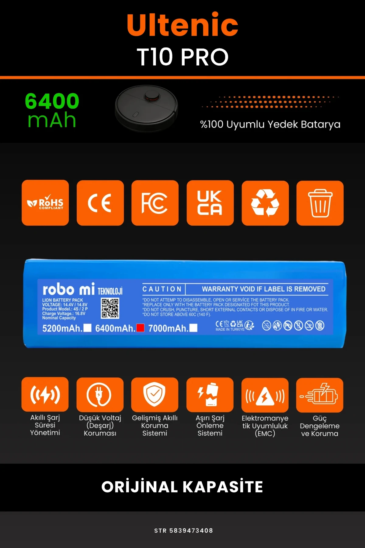 Ultenic T10 Pro 6400mAh Robot Süpürge Bataryası - Gerçek Kapasite, Maksimum Güvenlik