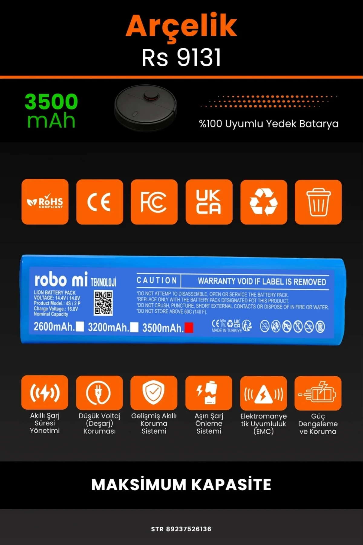 Arçelik Rs 9131 3500mAh Robot Süpürge Bataryası - Gerçek Kapasite, Maksimum Güvenlik