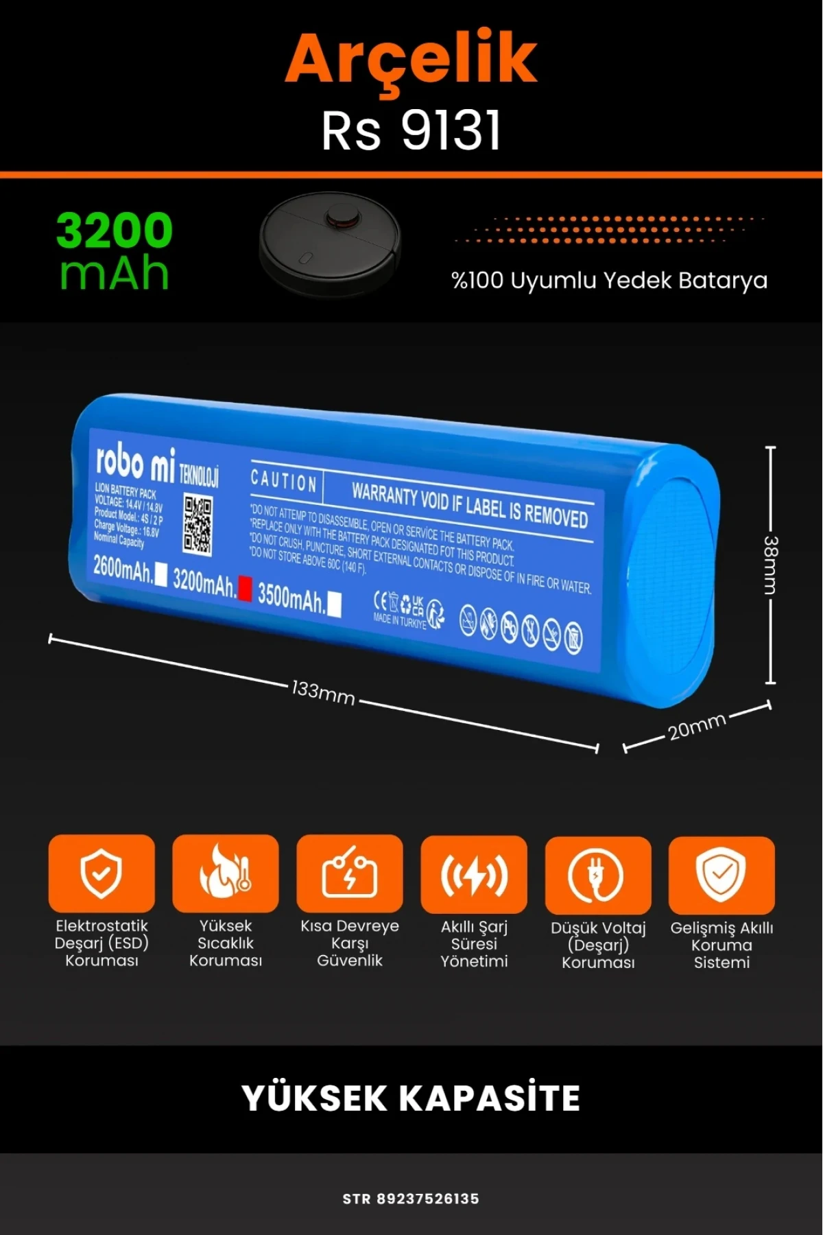 Arçelik Rs 9131 3200mAh Robot Süpürge Bataryası - Gerçek Kapasite, Maksimum Güvenlik