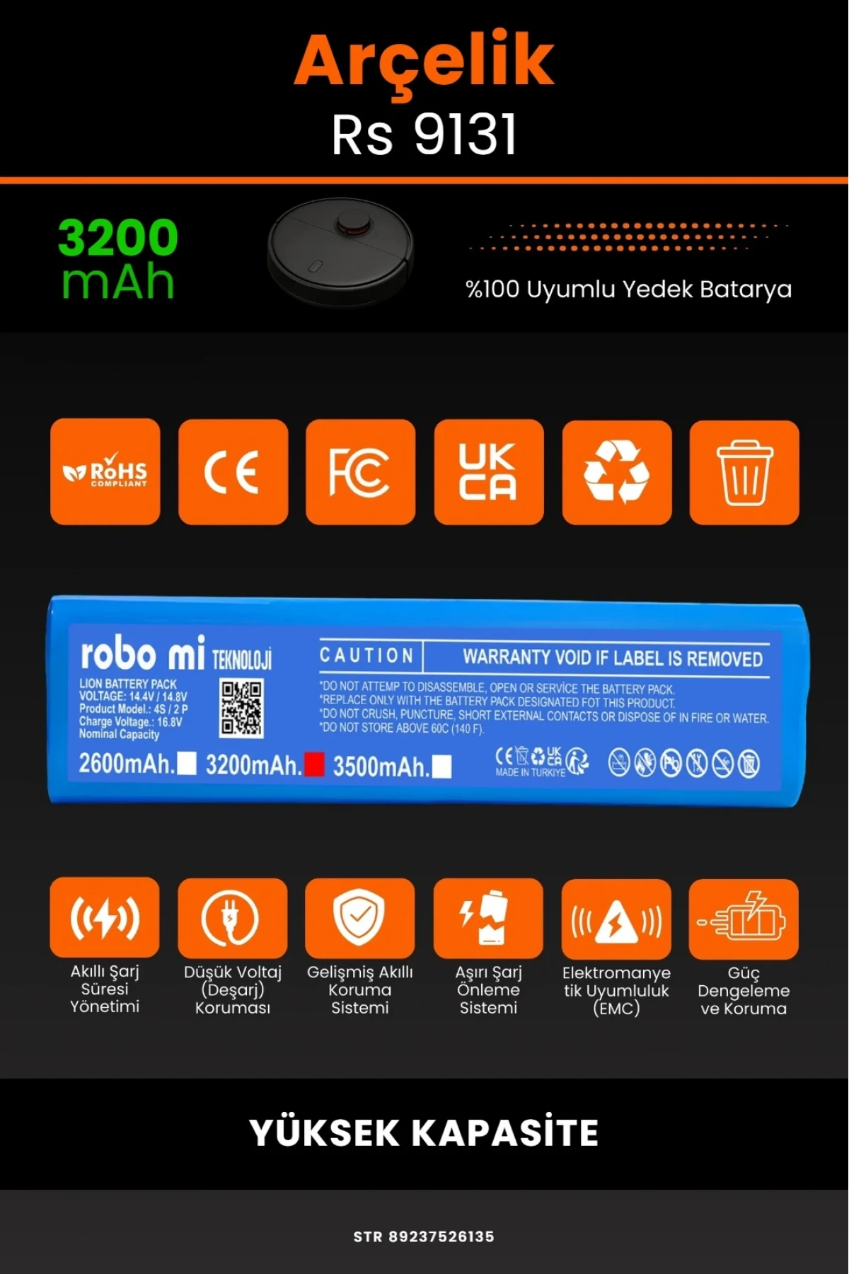 Arçelik Rs 9131 3200mAh Robot Süpürge Bataryası - Gerçek Kapasite, Maksimum Güvenlik
