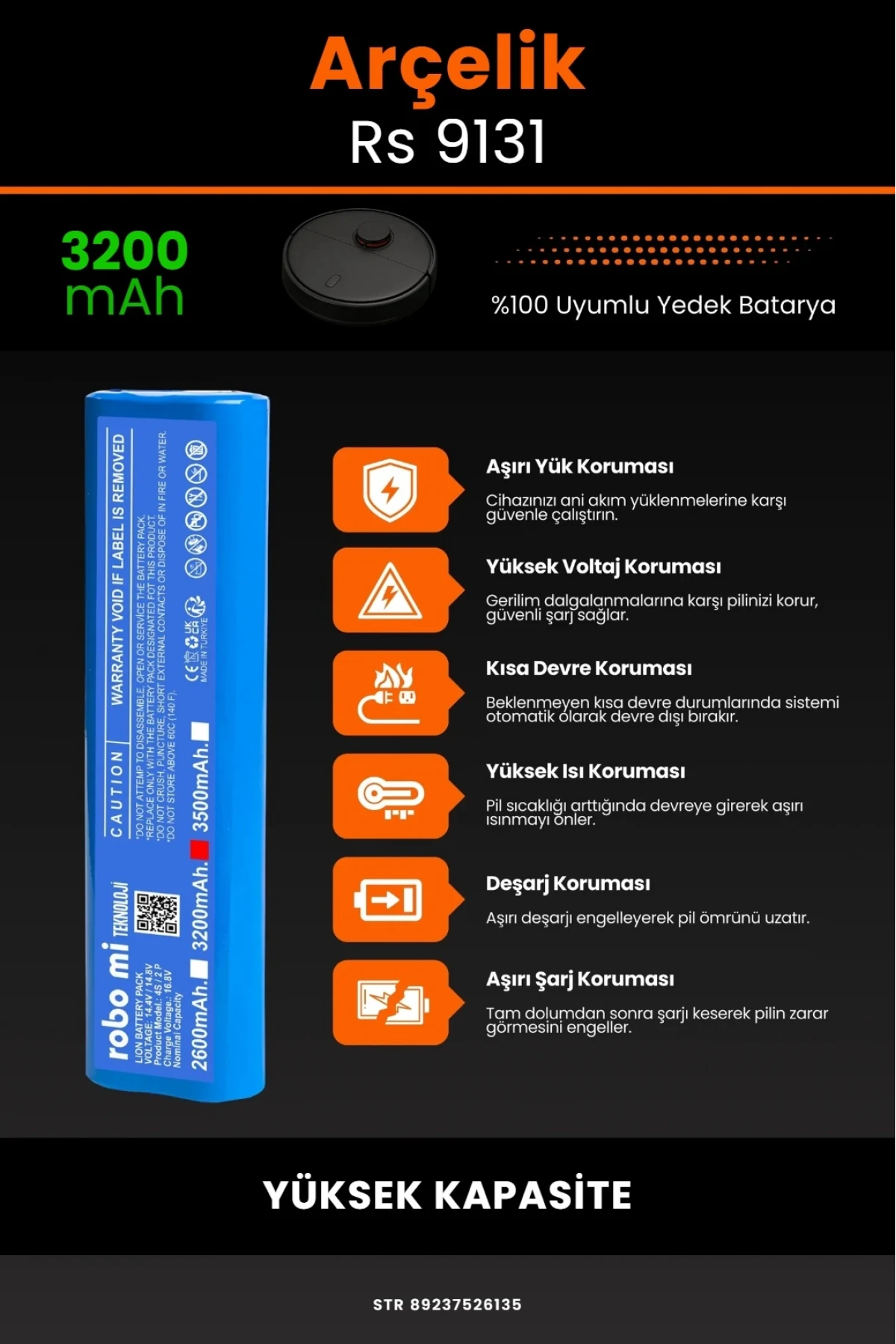 Arçelik Rs 9131 3200mAh Robot Süpürge Bataryası - Gerçek Kapasite, Maksimum Güvenlik