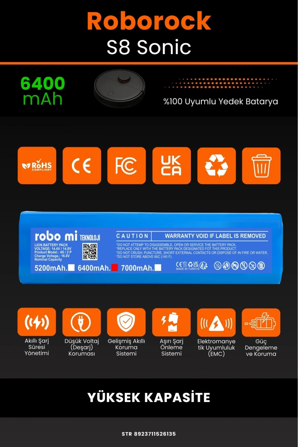 Roborock S8 Sonic Uyumlu 6400mAh Robot Süpürge Bataryası - Gerçek Kapasite, Maksimum Güvenlik