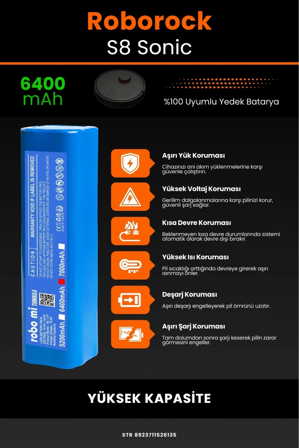 Roborock S8 Sonic Uyumlu 6400mAh Robot Süpürge Bataryası - Gerçek Kapasite, Maksimum Güvenlik