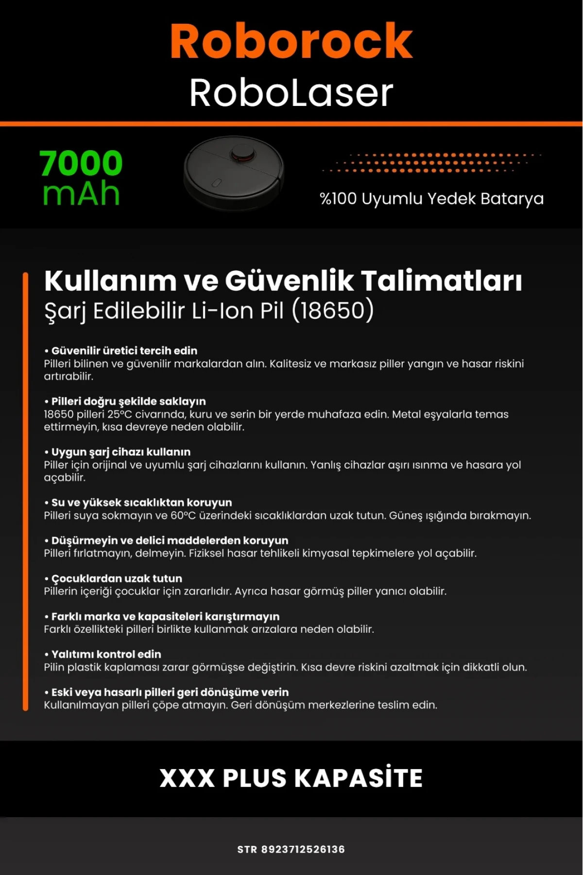 Robotuya RoboLaser 7000mAh Robot Süpürge Bataryası - Gerçek Kapasite, Maksimum Güvenlik