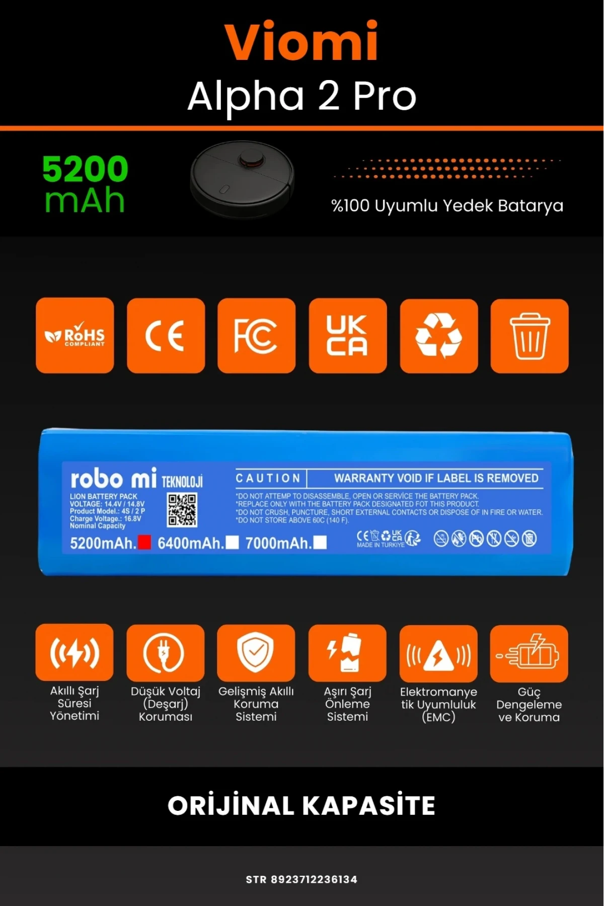 Viomi Alpha2 Pro Uyumlu, 5200mAh Orijinal Kapasite Robot Süpürge Bataryası
