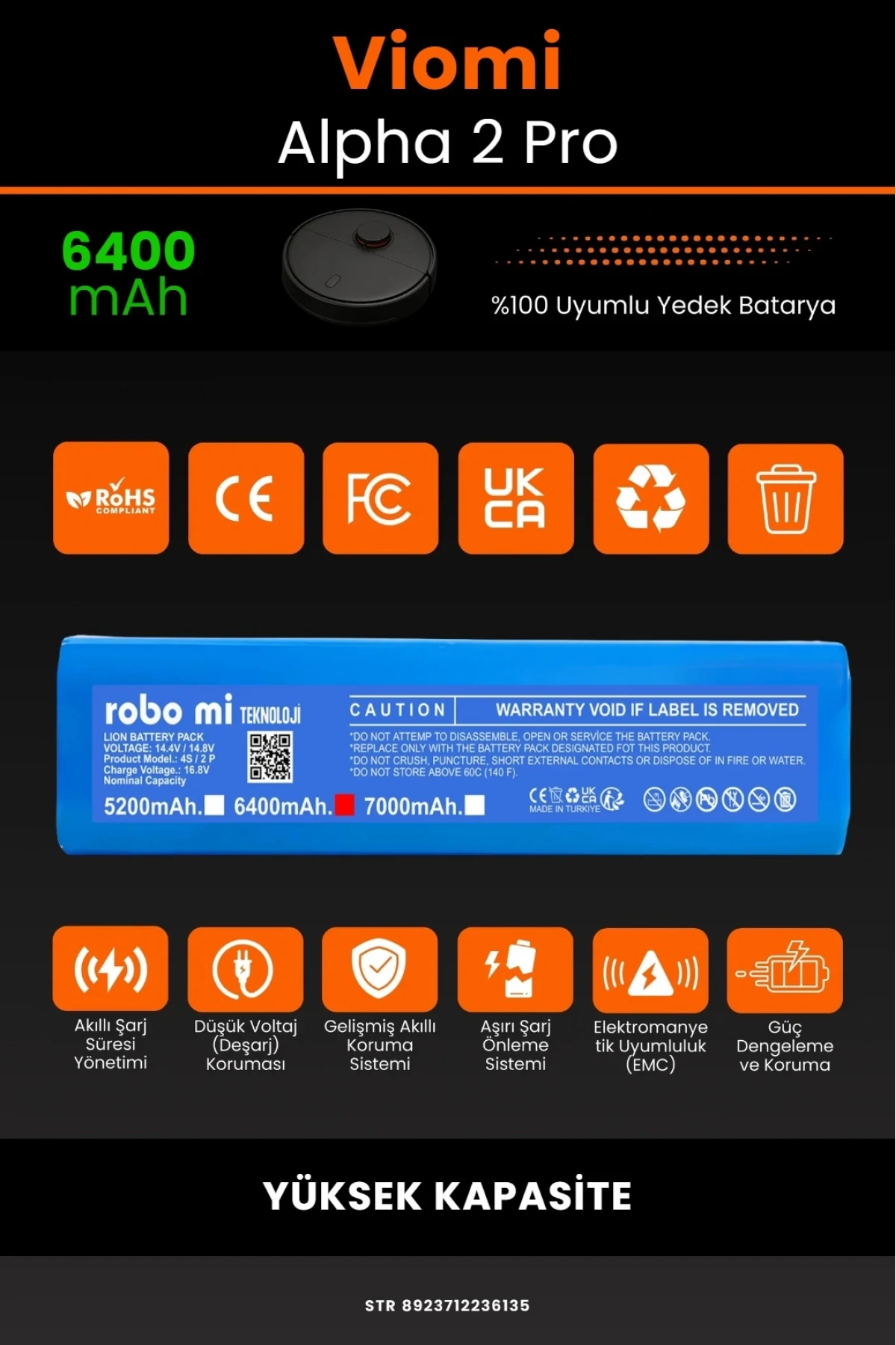 Viomi Alpha2 Pro Uyumlu, 6400mAh Yüksek Kapasite Robot Süpürge Bataryası