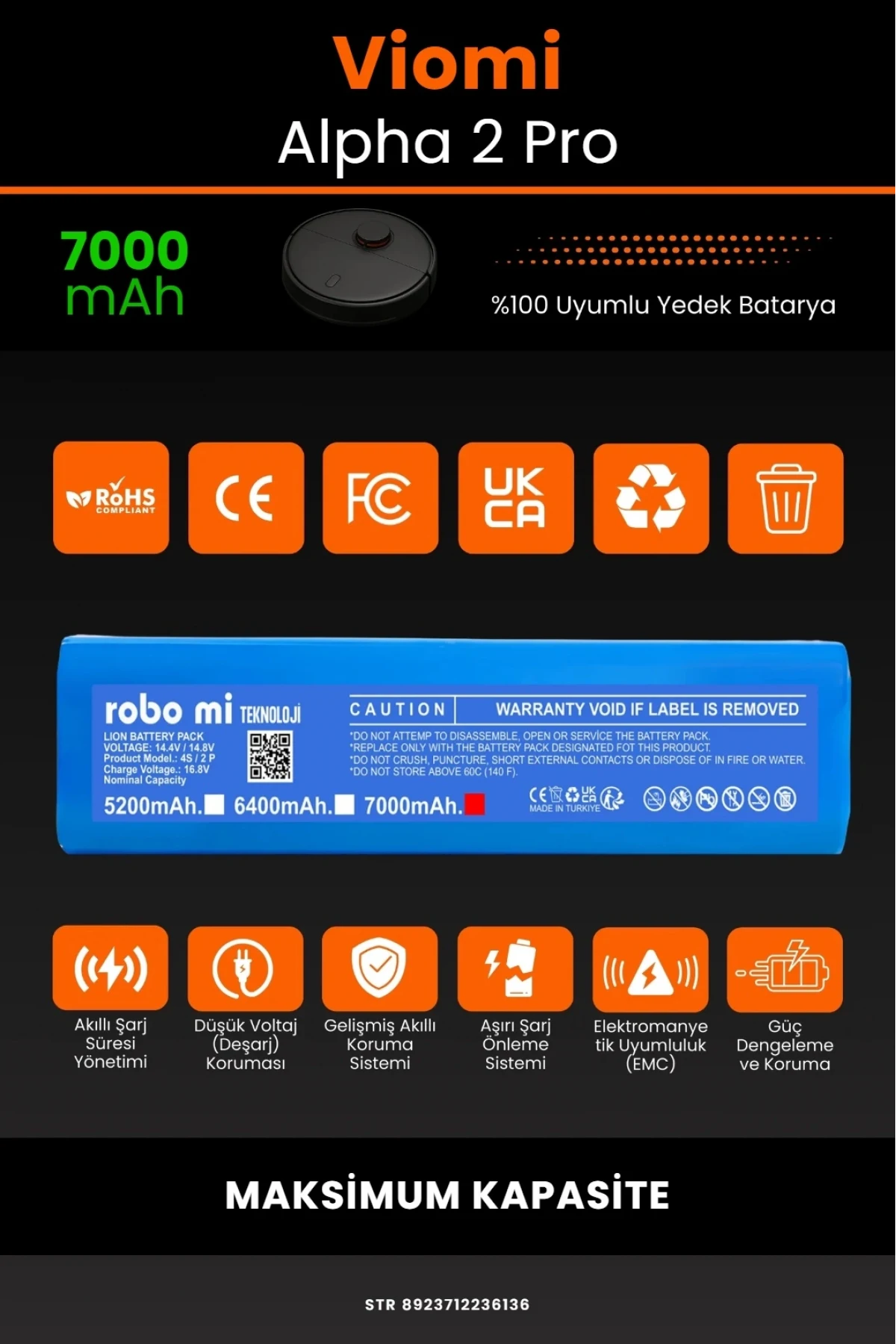 Viomi Alpha2 Pro Uyumlu, 7000mAh Maksimum Kapasite Robot Süpürge Bataryası