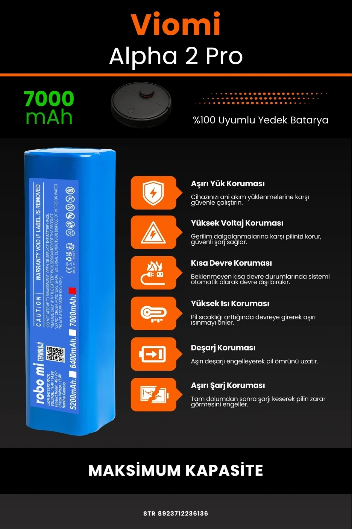 Viomi Alpha2 Pro Uyumlu, 7000mAh Maksimum Kapasite Robot Süpürge Bataryası