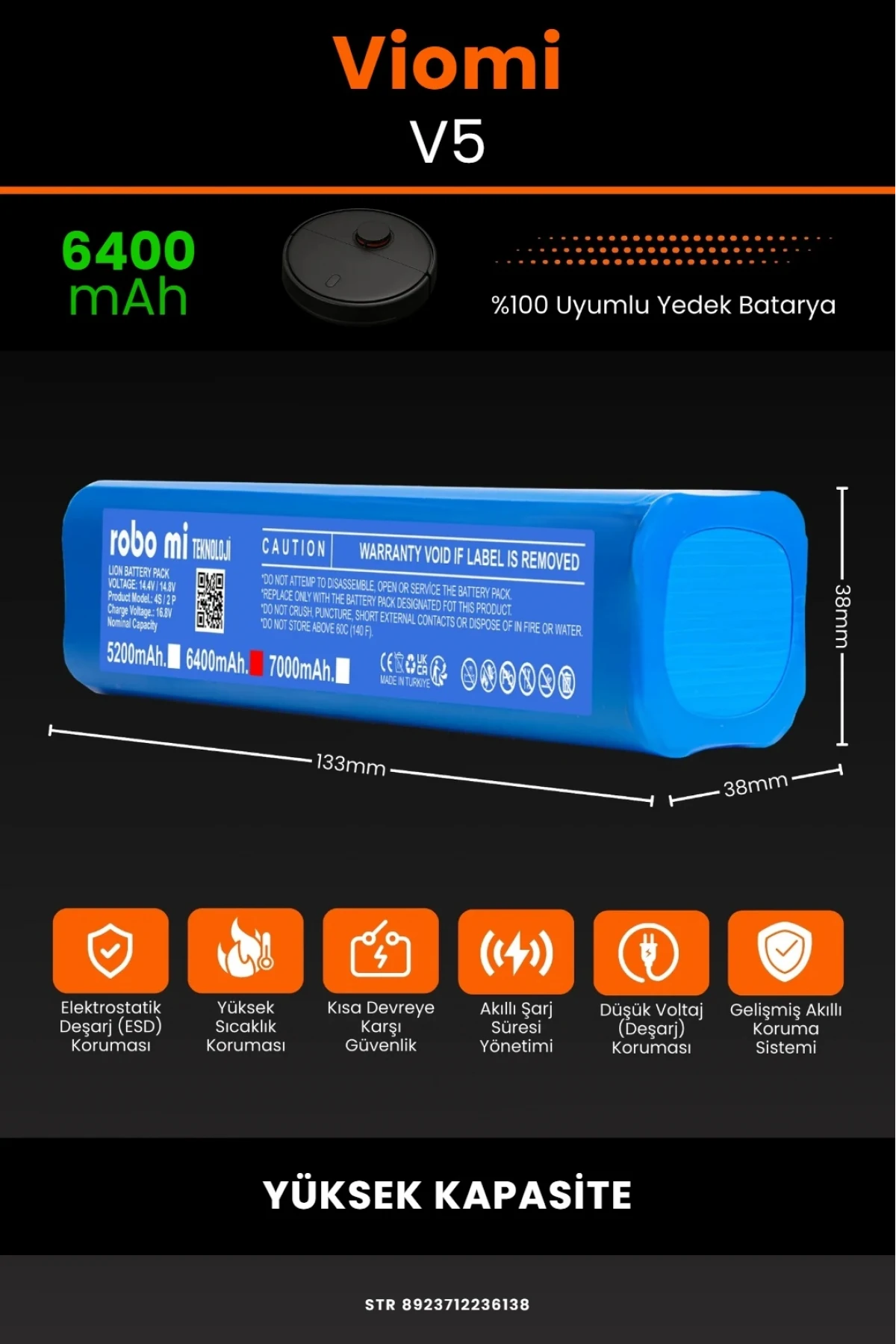 Viomi V5 Uyumlu, 6400mAh Robot Süpürge Bataryası - Yüksek Kapasite