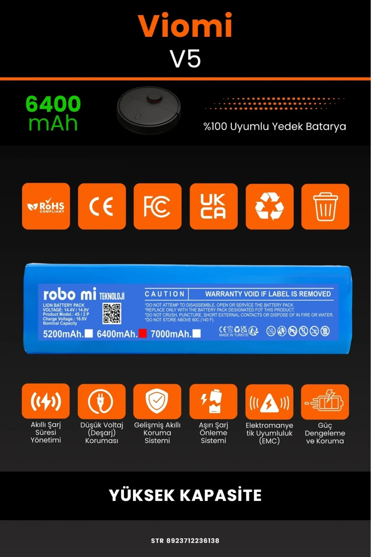 Viomi V5 Uyumlu, 6400mAh Robot Süpürge Bataryası - Yüksek Kapasite