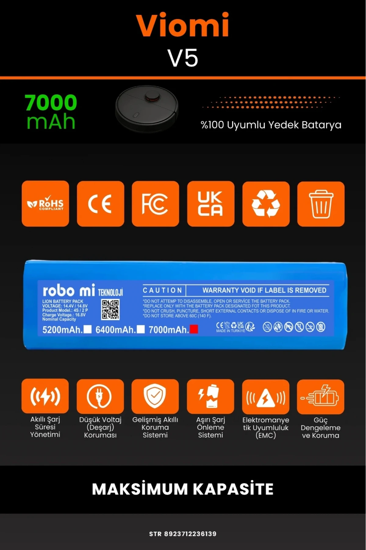 Viomi V5 Uyumlu, 7000mAh Robot Süpürge Bataryası - Maksimum Kapasite