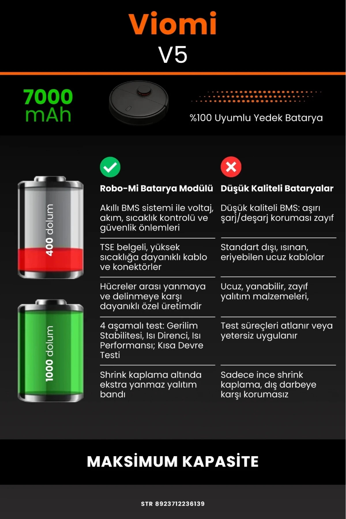 Viomi V5 Uyumlu, 7000mAh Robot Süpürge Bataryası - Maksimum Kapasite