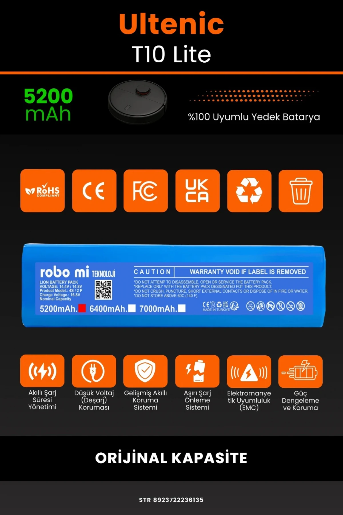 Ultenic T10 Lite Uyumlu 5200mAh Robot Süpürge Bataryası - Orijinal Kapasite