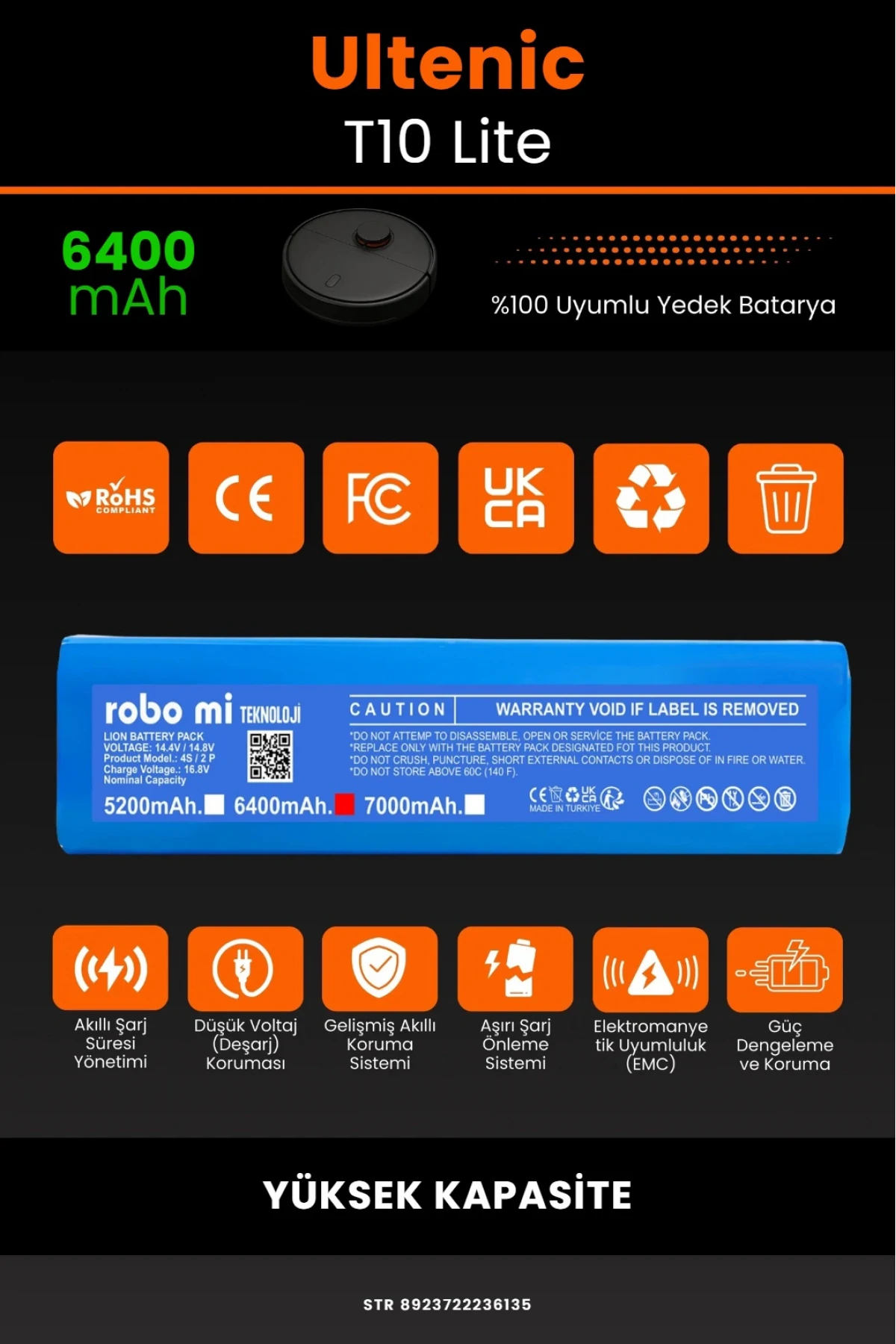 Ultenic T10 Lite Uyumlu 6400mAh Robot Süpürge Bataryası - Yüksek Kapasite