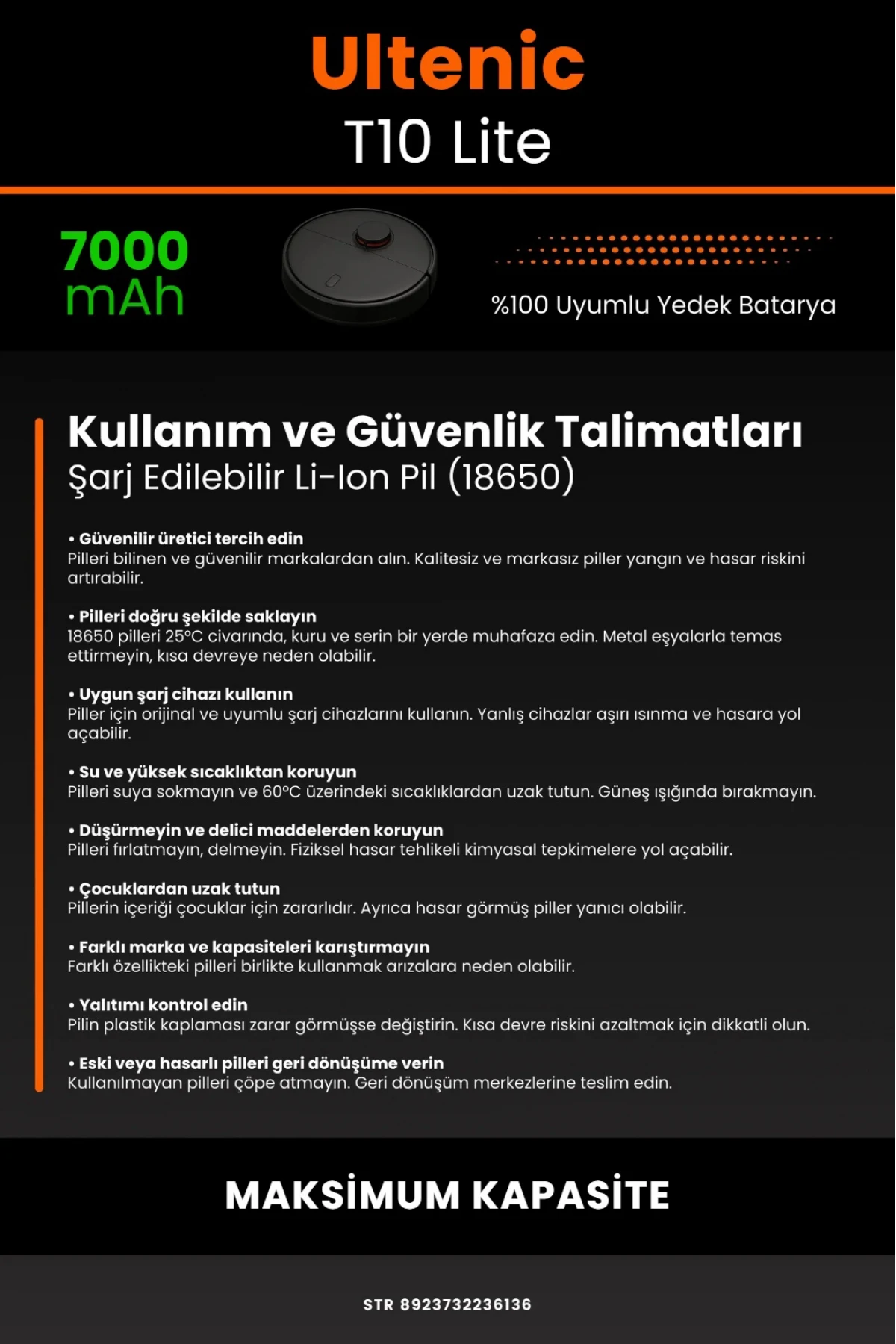 Ultenic T10 Lite Uyumlu 7000mAh Robot Süpürge Bataryası - Maksimum Kapasite