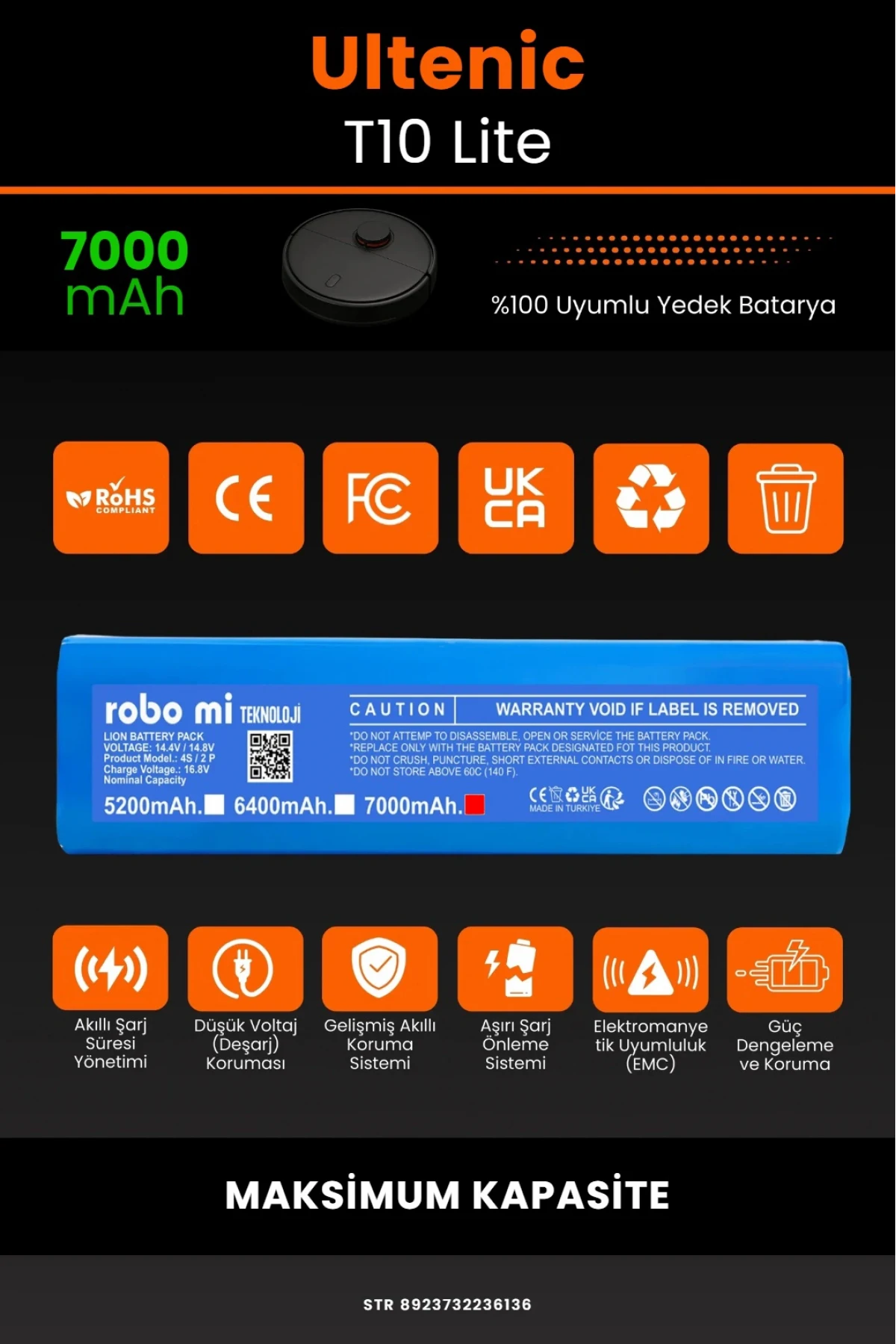 Ultenic T10 Lite Uyumlu 7000mAh Robot Süpürge Bataryası - Maksimum Kapasite