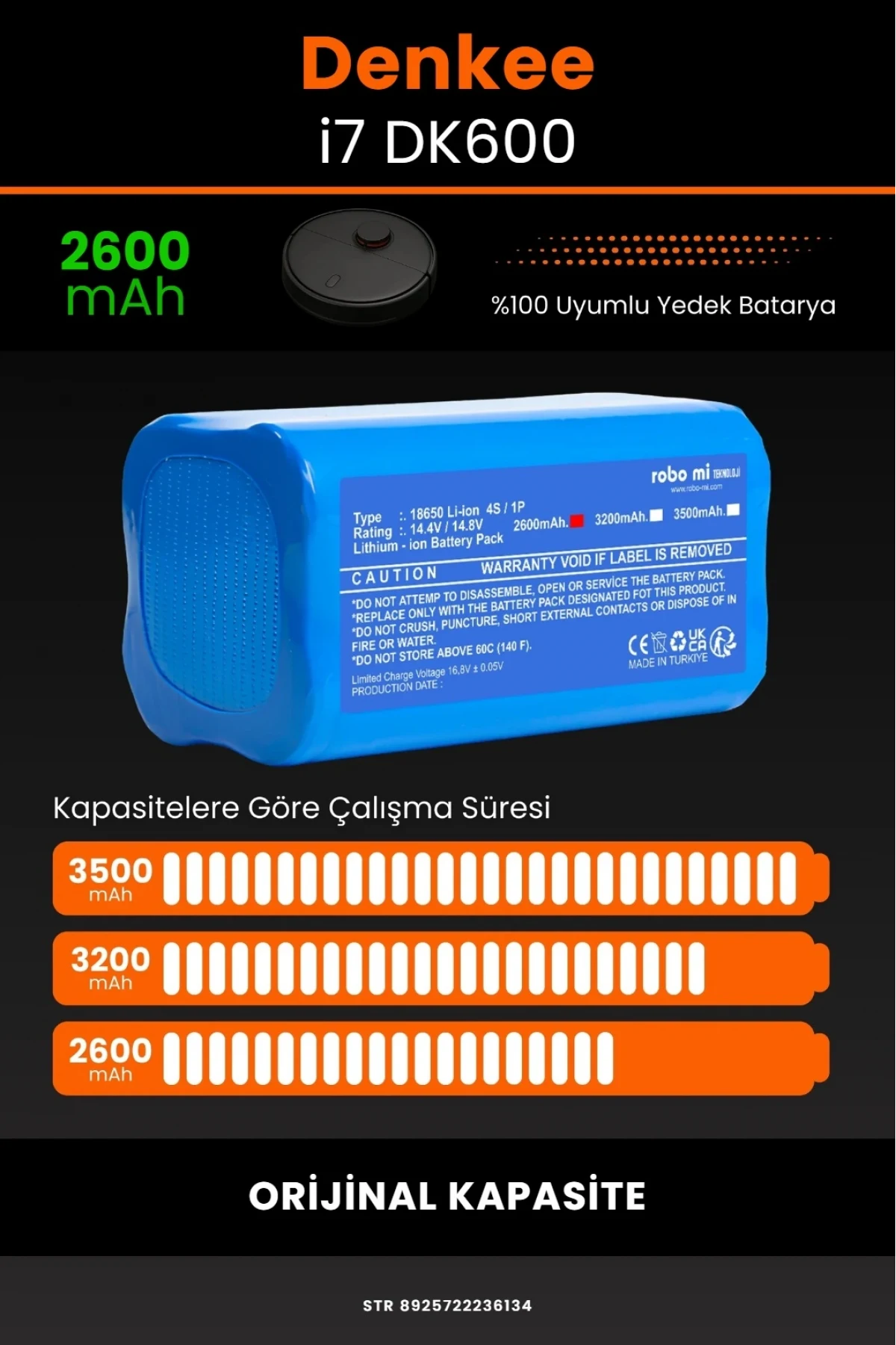 Denkee İ7-DK600 2600mAh Orijinal Kapasiteli Li-iyon Robot Süpürge Batarya Modülü