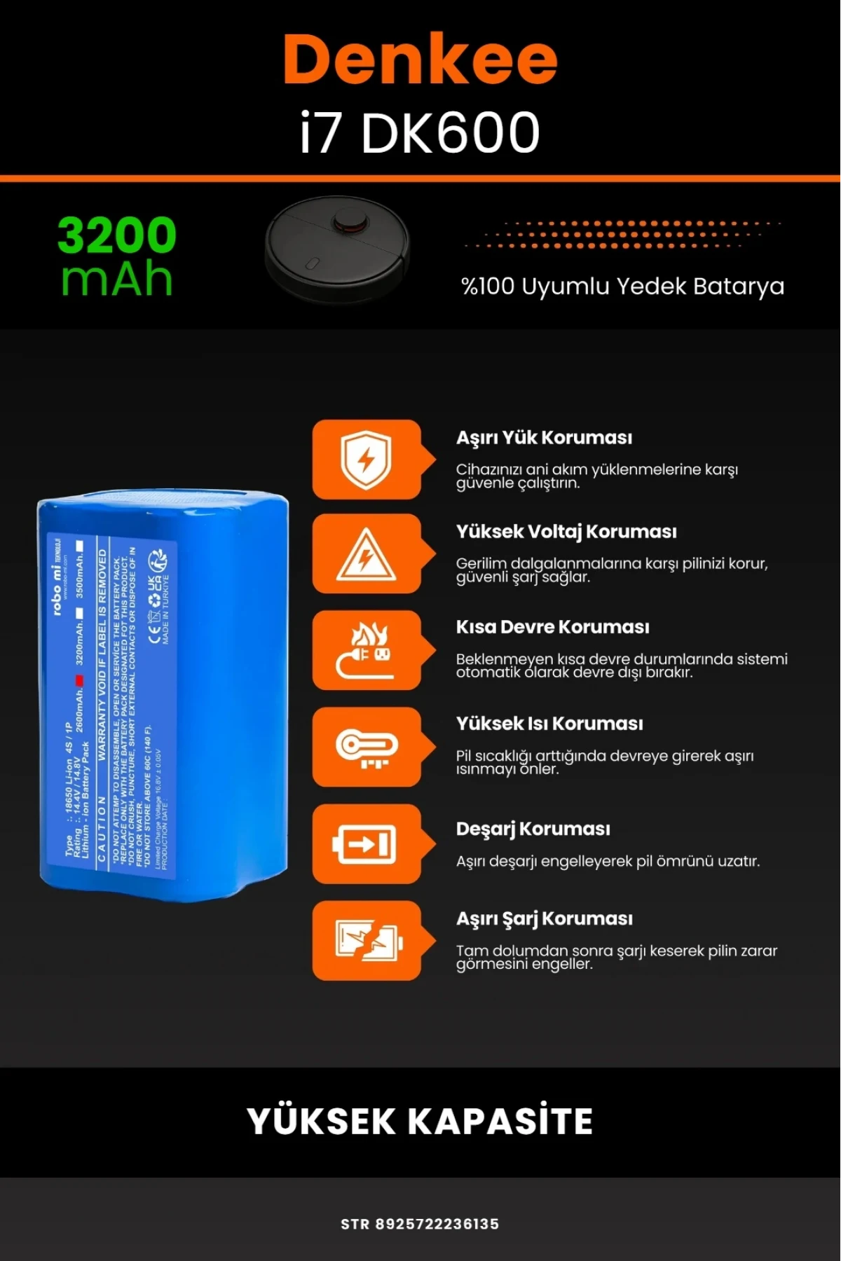Denkee İ7-DK600 3200mAh Yüksek Kapasiteli Li-iyon Robot Süpürge Batarya Modülü