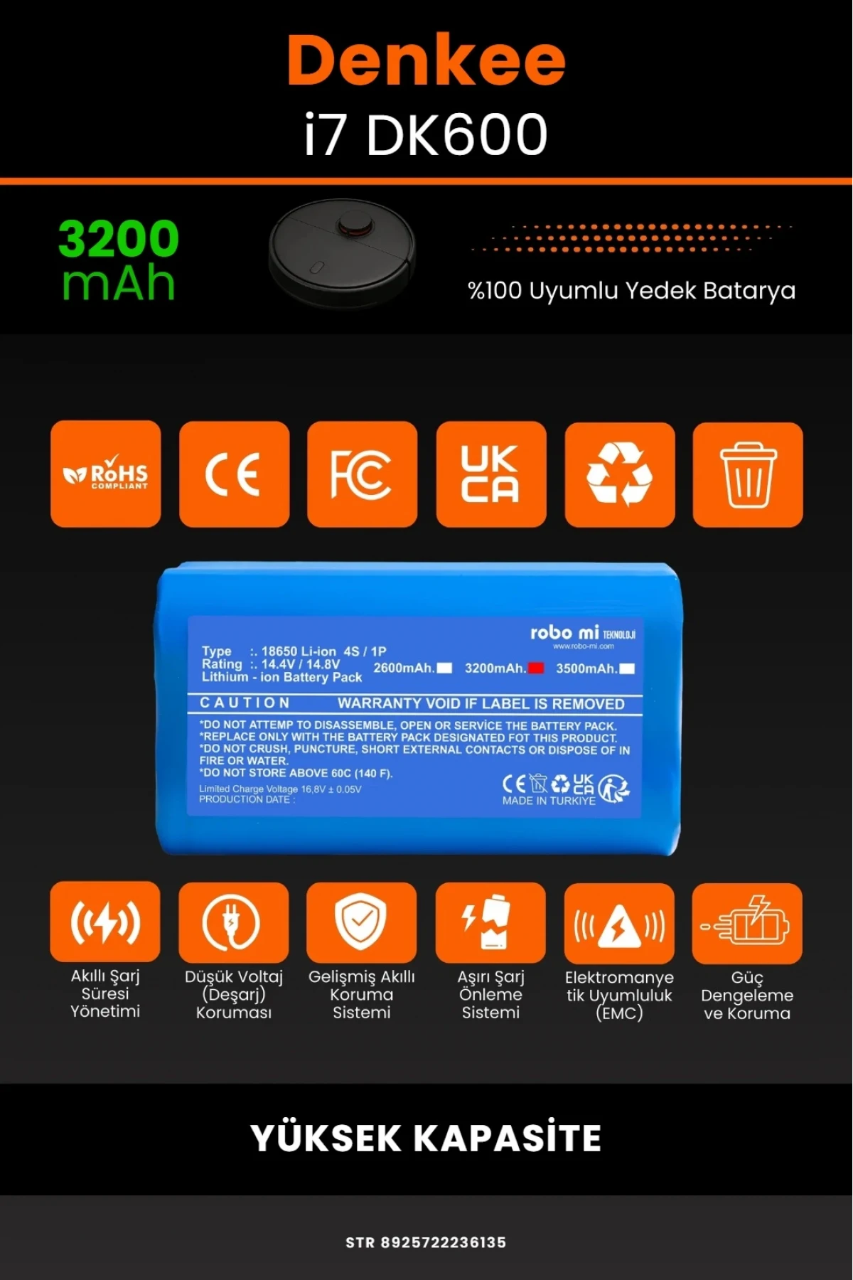 Denkee İ7-DK600 3200mAh Yüksek Kapasiteli Li-iyon Robot Süpürge Batarya Modülü