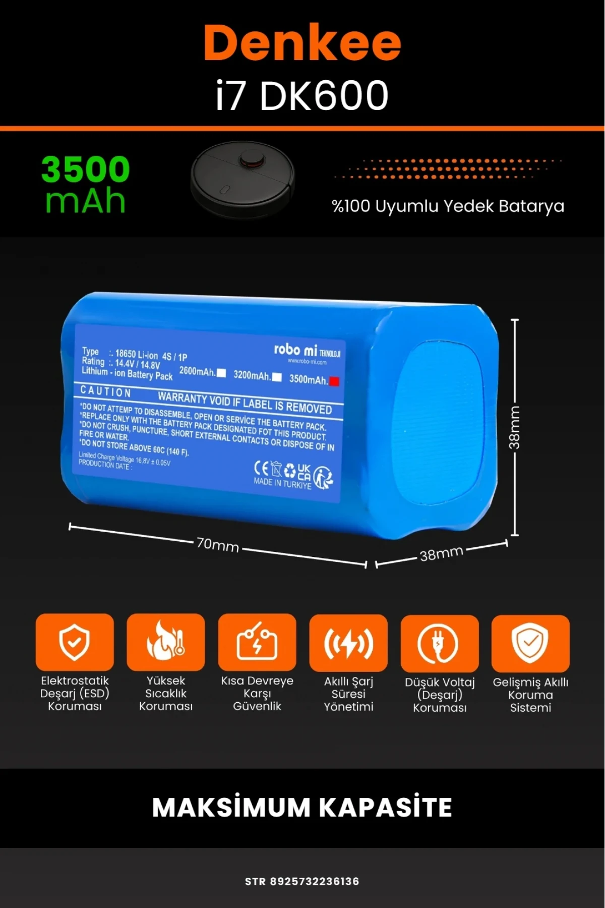 Denkee İ7-DK600 3500mAh Maksimum Kapasiteli Li-iyon Robot Süpürge Batarya Modülü