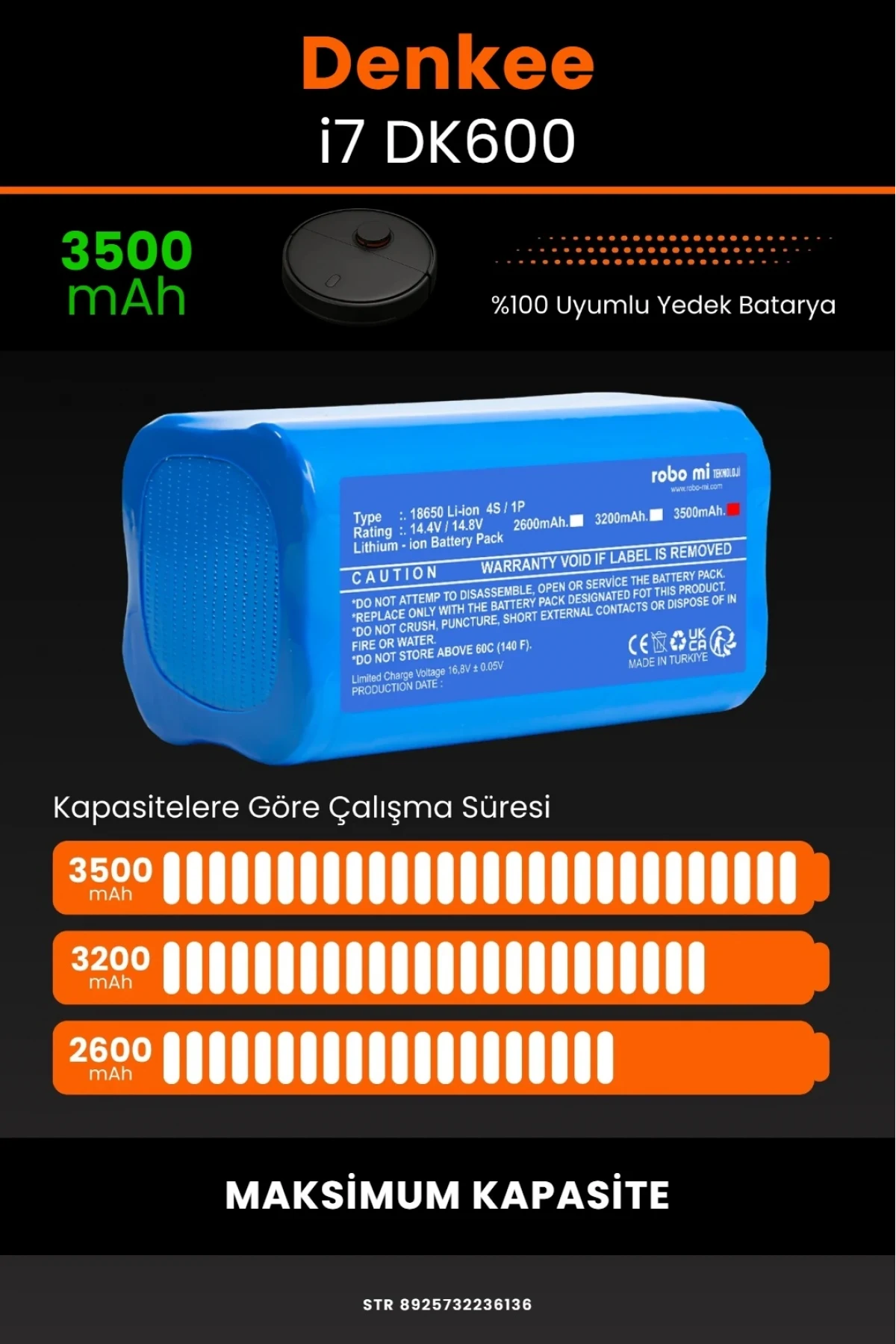 Denkee İ7-DK600 3500mAh Maksimum Kapasiteli Li-iyon Robot Süpürge Batarya Modülü