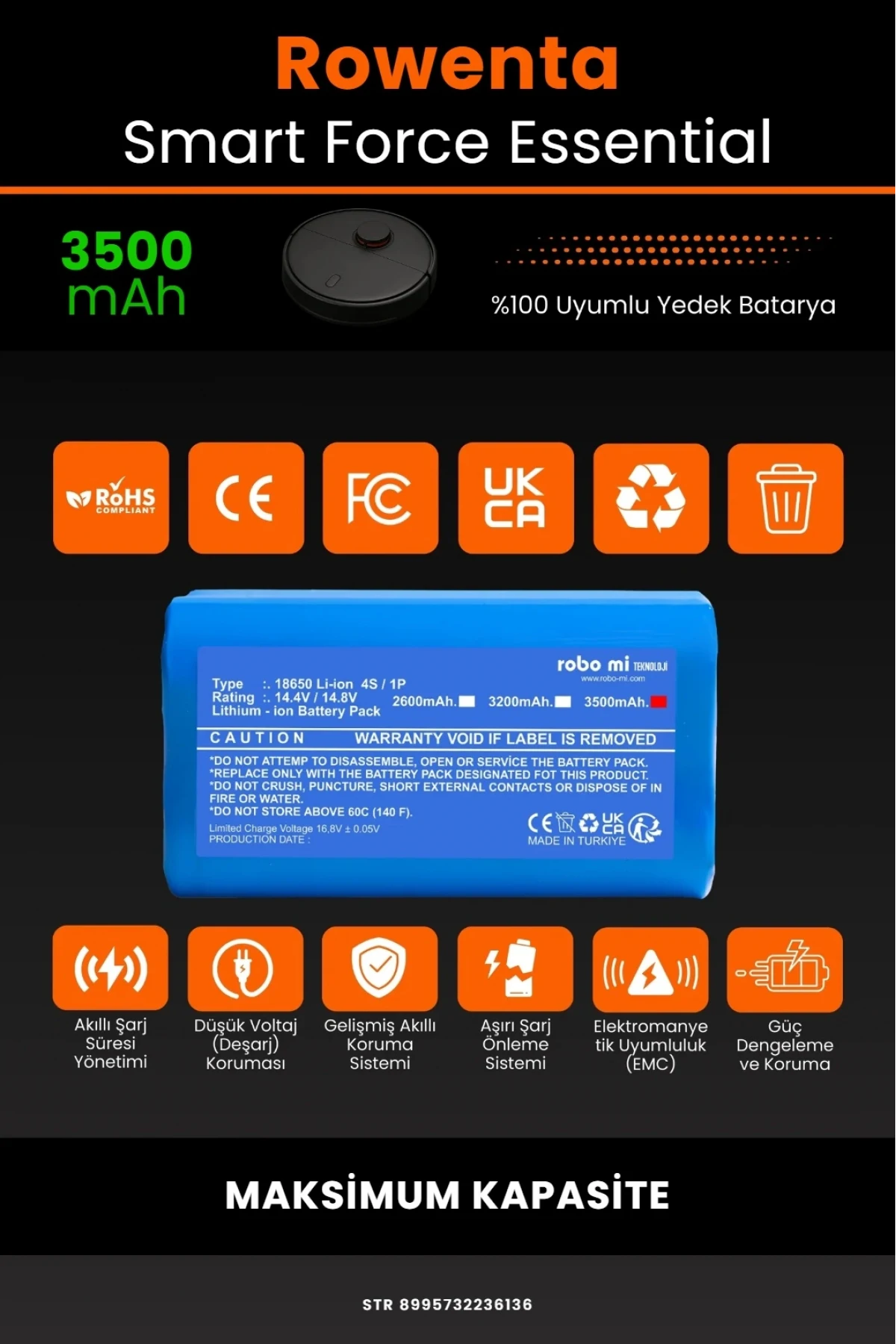 Rowenta Smart Force Essential Uyumlu 3500mAh Robot Süpürge Bataryası - Maksimum Kapasite