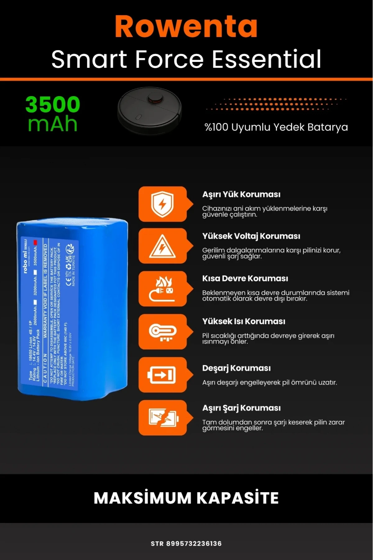 Rowenta Smart Force Essential Uyumlu 3500mAh Robot Süpürge Bataryası - Maksimum Kapasite