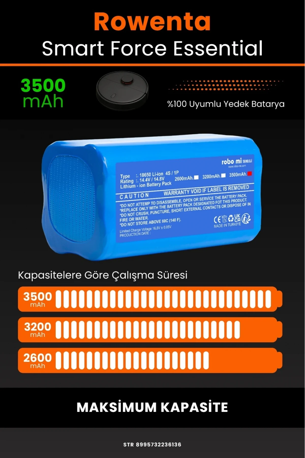 Rowenta Smart Force Essential Uyumlu 3500mAh Robot Süpürge Bataryası - Maksimum Kapasite