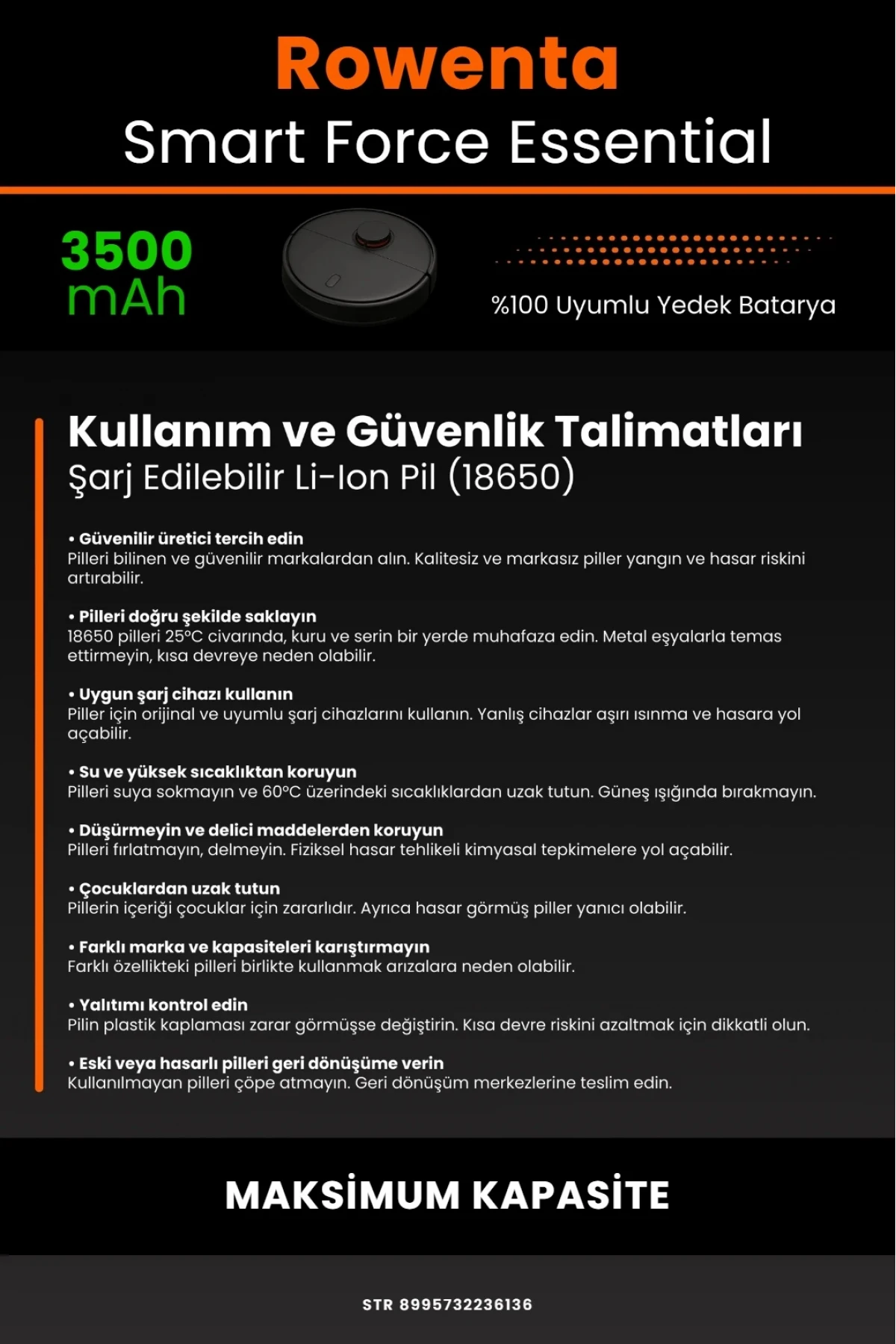 Rowenta Smart Force Essential Uyumlu 3500mAh Robot Süpürge Bataryası - Maksimum Kapasite