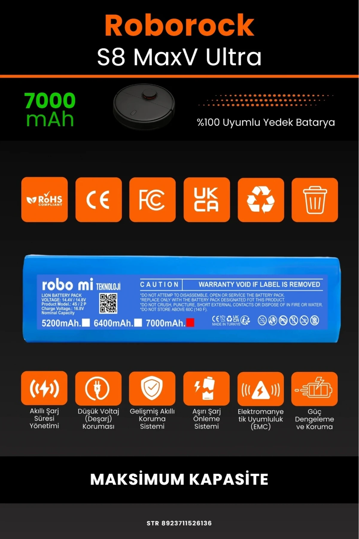 Roborock S8 Maxv Ultra 7000mAh Robot Süpürge Bataryası - Gerçek Kapasite, Maksimum Güvenlik