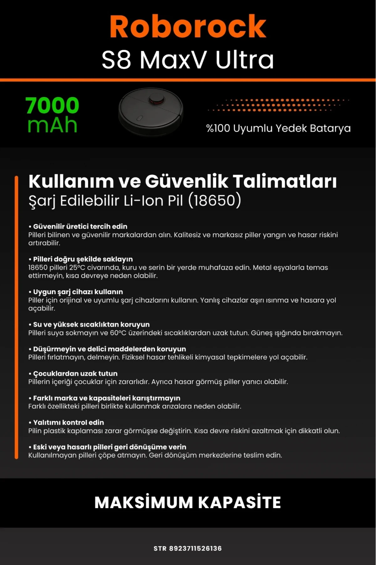 Roborock S8 Maxv Ultra 7000mAh Robot Süpürge Bataryası - Gerçek Kapasite, Maksimum Güvenlik