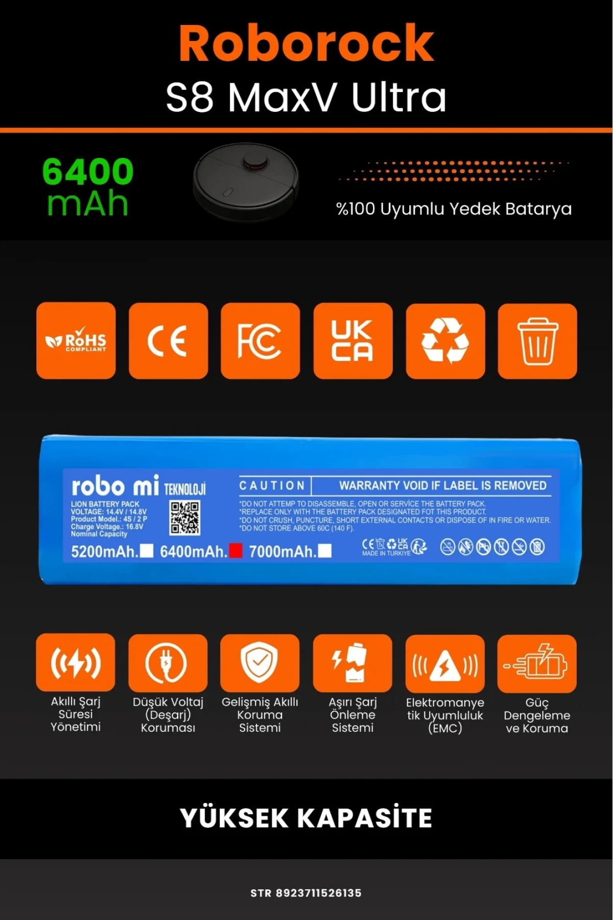 Roborock S8 Maxv Ultra 6400mAh Robot Süpürge Bataryası - Gerçek Kapasite, Maksimum Güvenlik