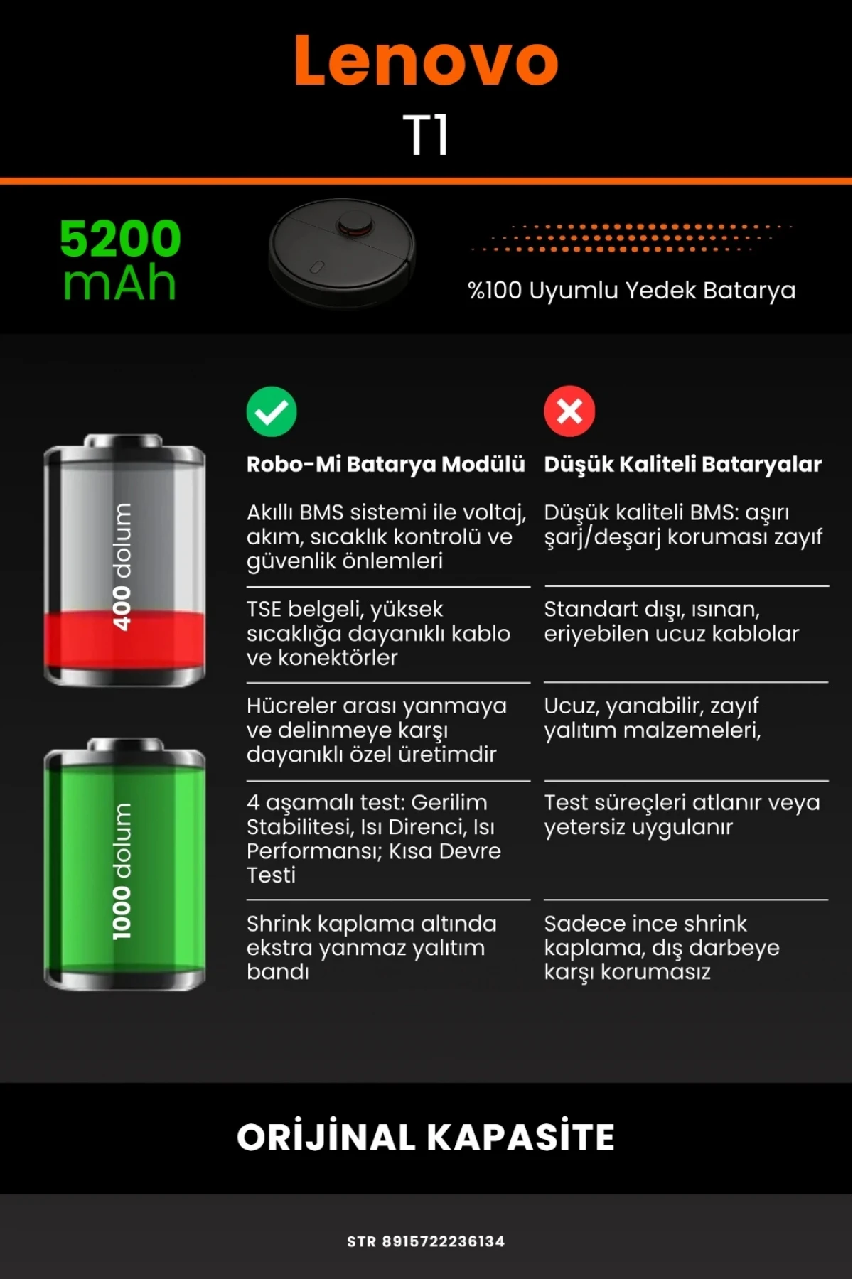 Lenovo T1 5200mAh Robot Süpürge Bataryası - Gerçek Kapasite, Maksimum Güvenlik