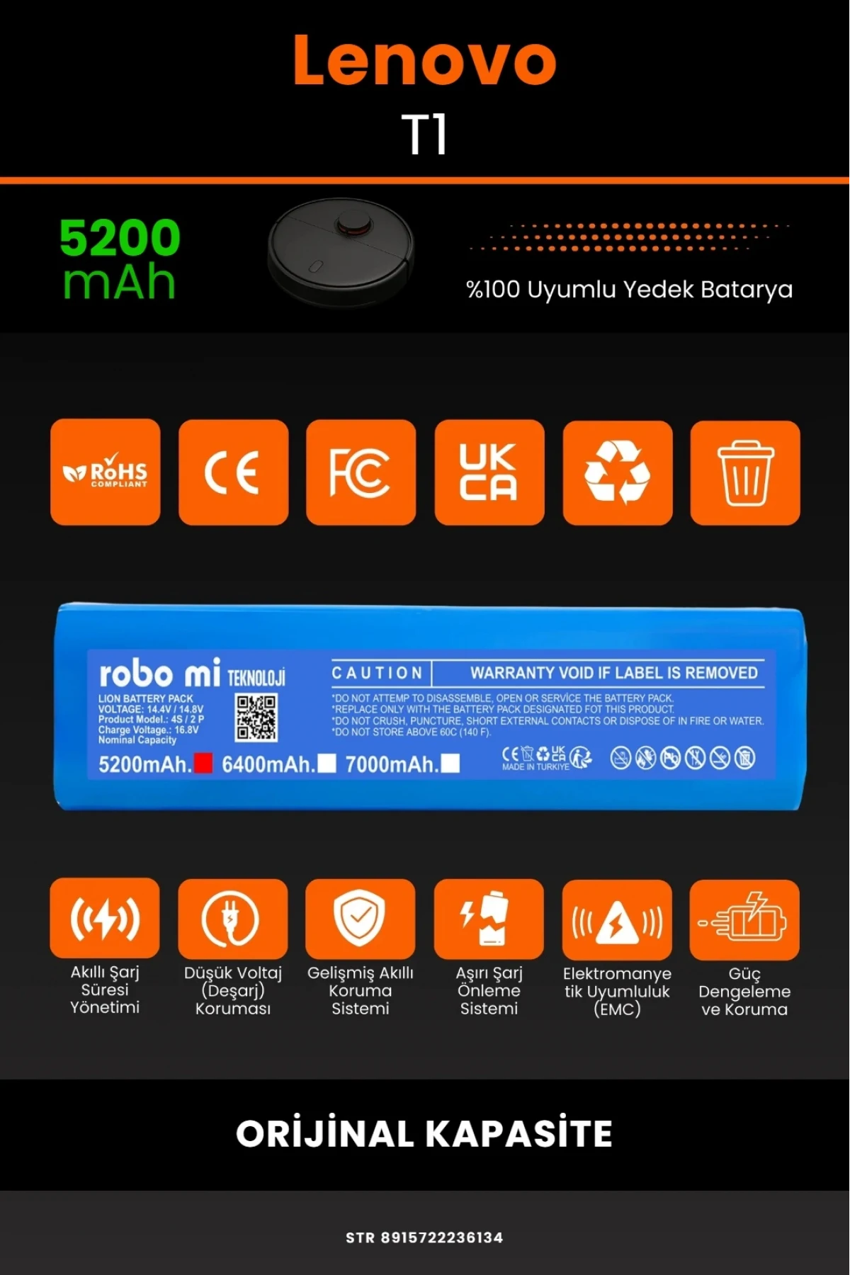 Lenovo T1 5200mAh Robot Süpürge Bataryası - Gerçek Kapasite, Maksimum Güvenlik