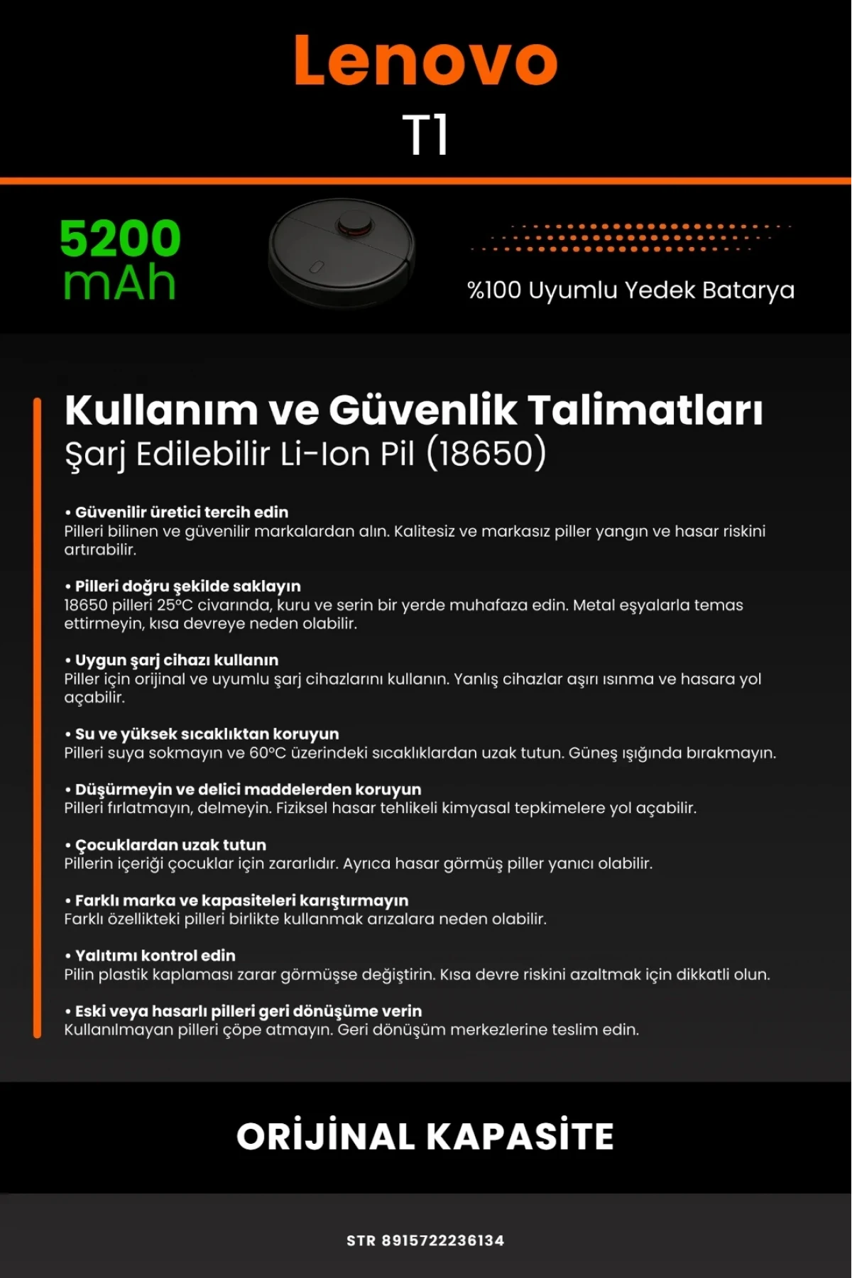 Lenovo T1 5200mAh Robot Süpürge Bataryası - Gerçek Kapasite, Maksimum Güvenlik