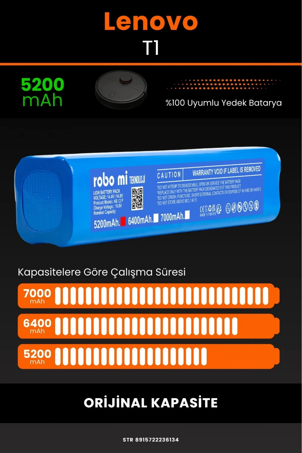 Lenovo T1 5200mAh Robot Süpürge Bataryası - Gerçek Kapasite, Maksimum Güvenlik