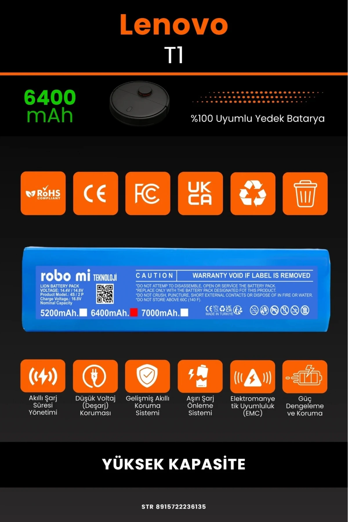Lenovo T1 6400mAh Robot Süpürge Bataryası - Gerçek Kapasite, Maksimum Güvenlik