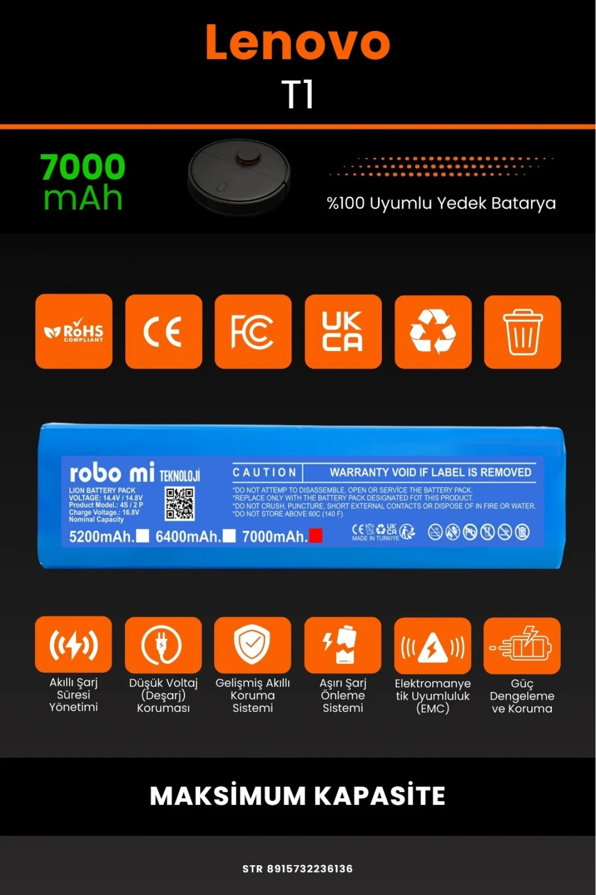 Lenovo T1 7000mAh Robot Süpürge Bataryası - Gerçek Kapasite, Maksimum Güvenlik