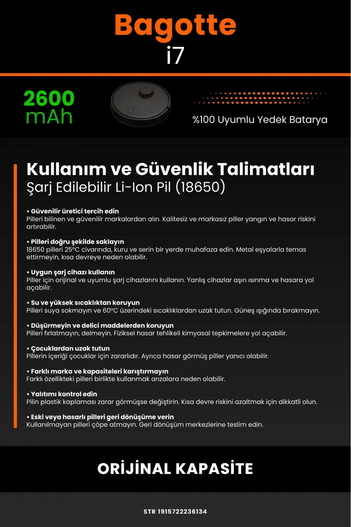 Bagotte İ7 Uyumlu 2600mAh Orijinal Kapasiteli Lityum Robot Süpürge Bataryası